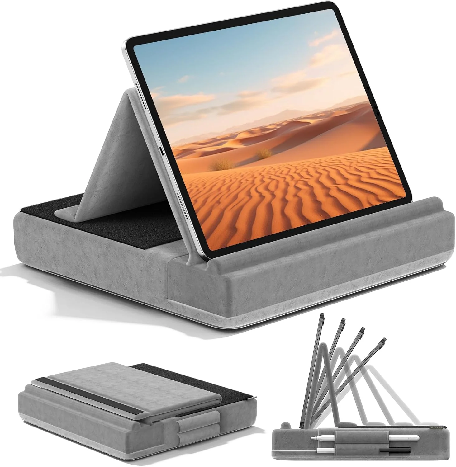 پایه نگهدارنده تبلت KDD، هولدر آیپد چند زاویه برای استفاده روی پا، تخت و میز، پایه تاشو نرم با جای قلم، سازگار با آیپد پرو 12.9، 10.5، 11، ایر، مینی، تلفن، کتاب و کتابخوان الکترونیکی