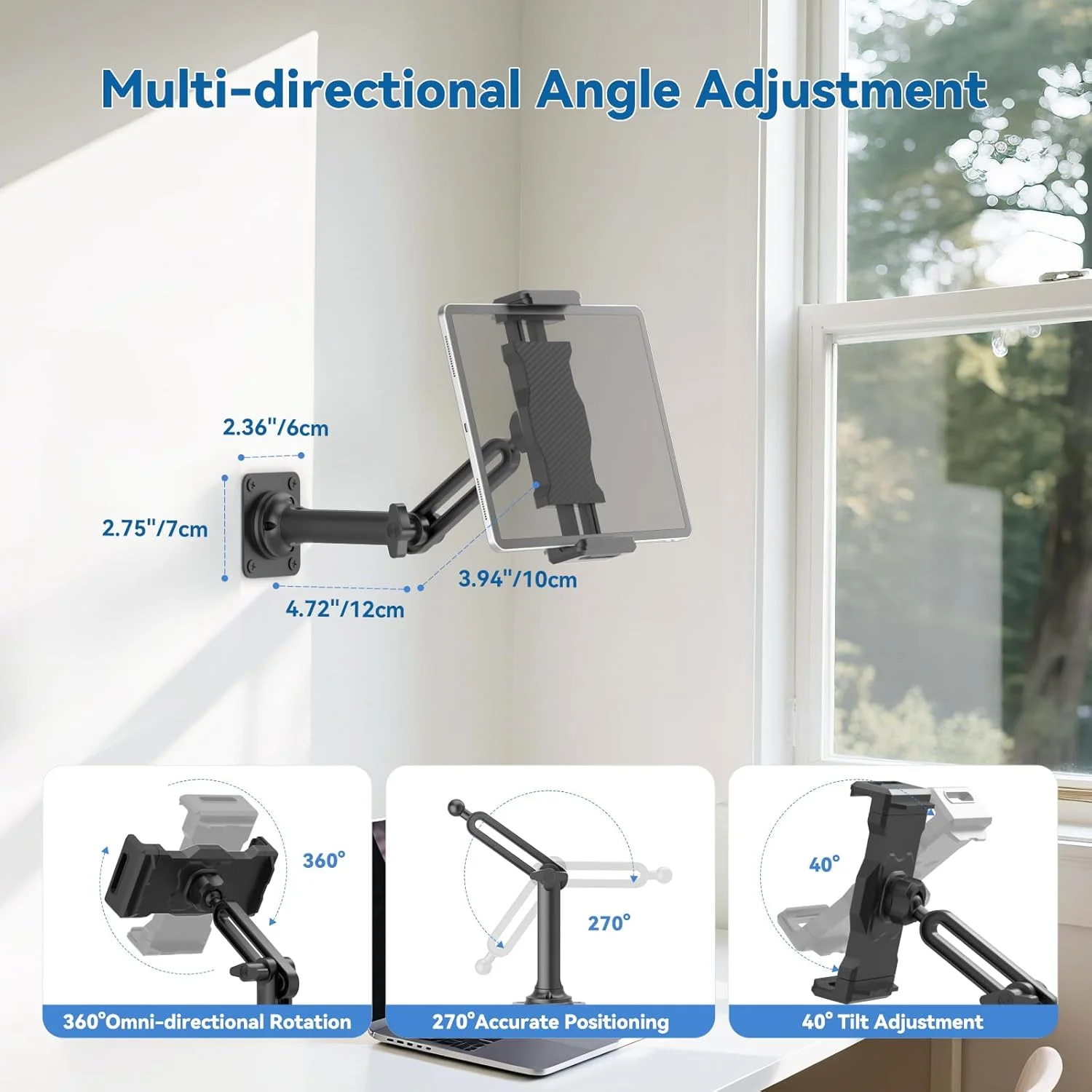 نگهدارنده دیواری تبلت KDD، پایه دیواری آیپد با بازوی قابل تنظیم و پایه فلزی محکم، براکت تبلت تلفن با چرخش 360 درجه مناسب برای آیپد پرو ایر مینی، گلکسی تب، همه تلفن ها و تبلت های 4.7-13 اینچی