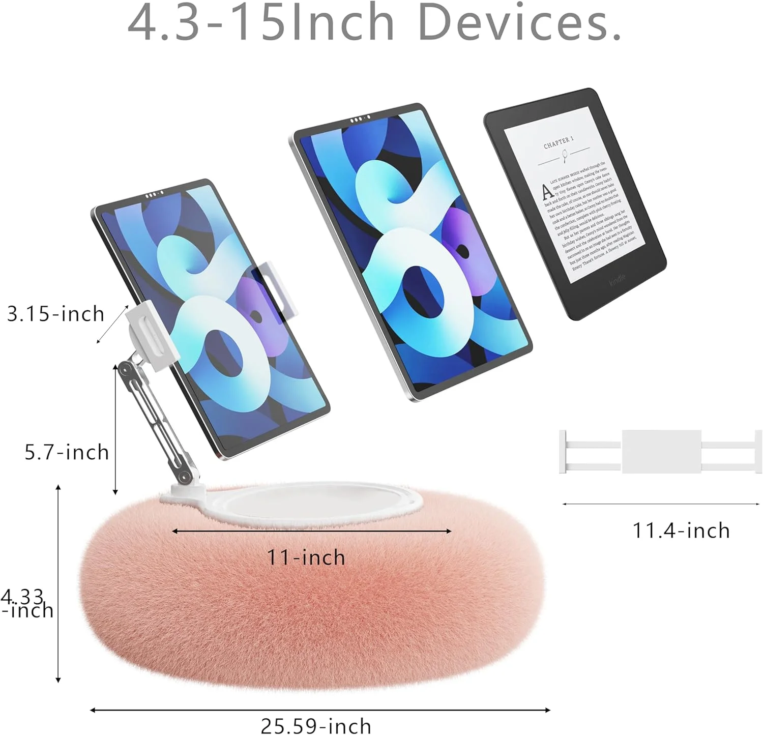 پایه تبلت بالشتی KABCON برای کیندل، نگهدارنده گوشی با میله آلومینیومی قابل تنظیم 360 درجه با پارچه مخمل خواب دار نرم برای گوشی/تبلت های 4.7 تا 13 اینچی، آیپد پرو مینی ایر 12.9، آیفون پرو مکس، سامسونگ گلکسی، ال جی، کیندل - صورتی