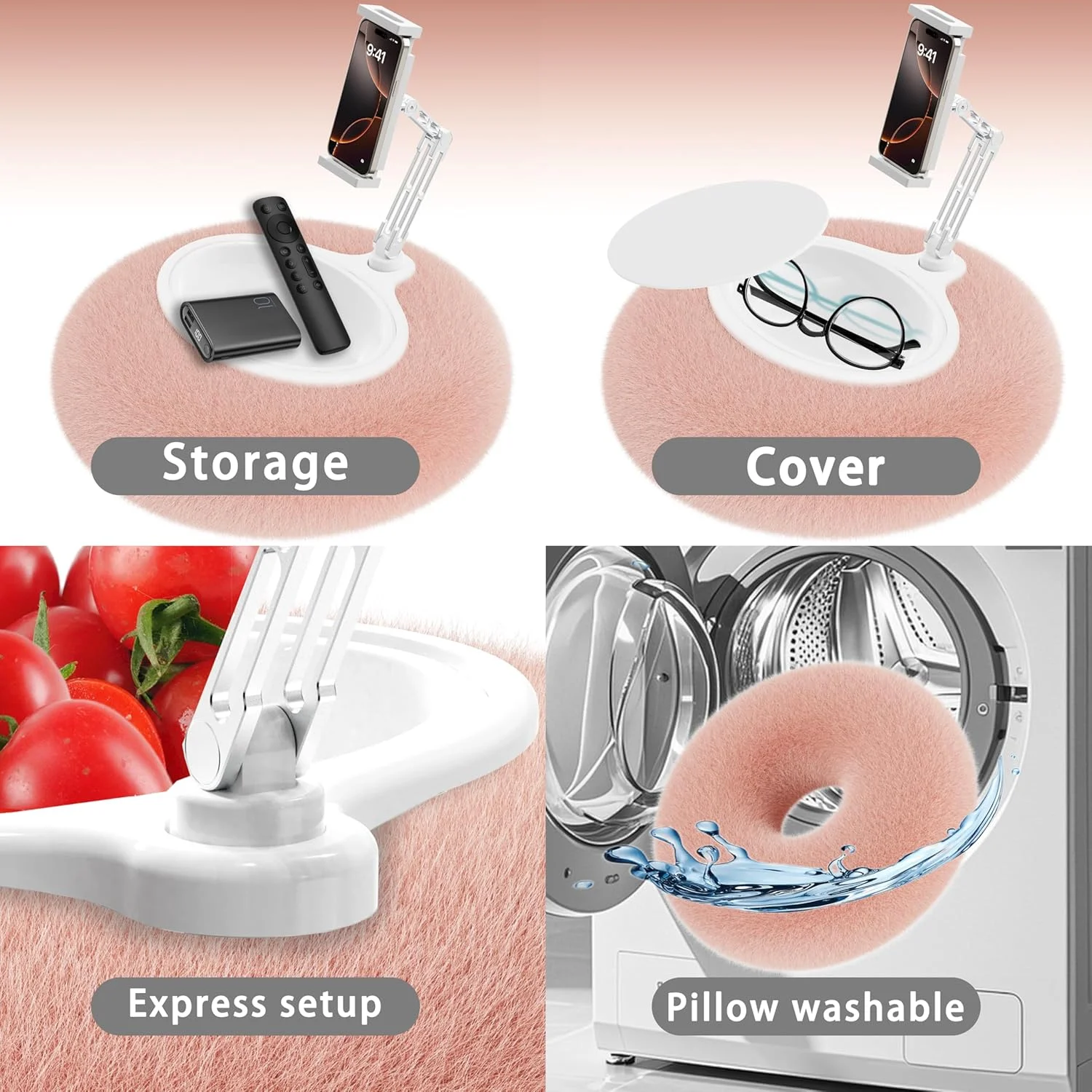 پایه تبلت بالشتی KABCON برای کیندل، نگهدارنده گوشی با میله آلومینیومی قابل تنظیم 360 درجه با پارچه مخمل خواب دار نرم برای گوشی/تبلت های 4.7 تا 13 اینچی، آیپد پرو مینی ایر 12.9، آیفون پرو مکس، سامسونگ گلکسی، ال جی، کیندل - صورتی