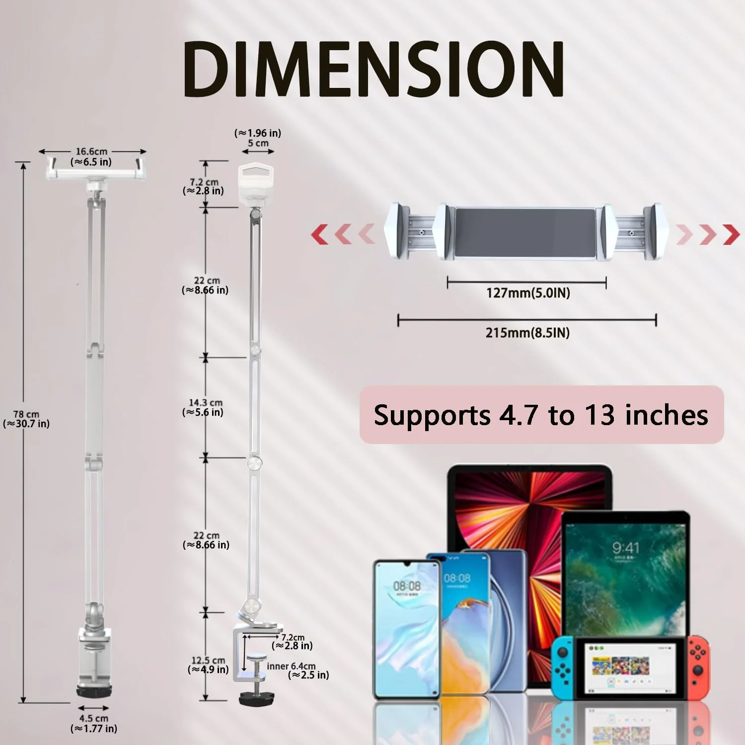 پایه نگهدارنده تبلت KABCON با بازوی بلند و گیره، سازگار با آیپد پرو مینی ایر، گلکسی تب، مایکروسافت سرفیس پرو گو، تلفن های همراه و تبلت های 4 تا 13 اینچی برای میز، تخت و غیره