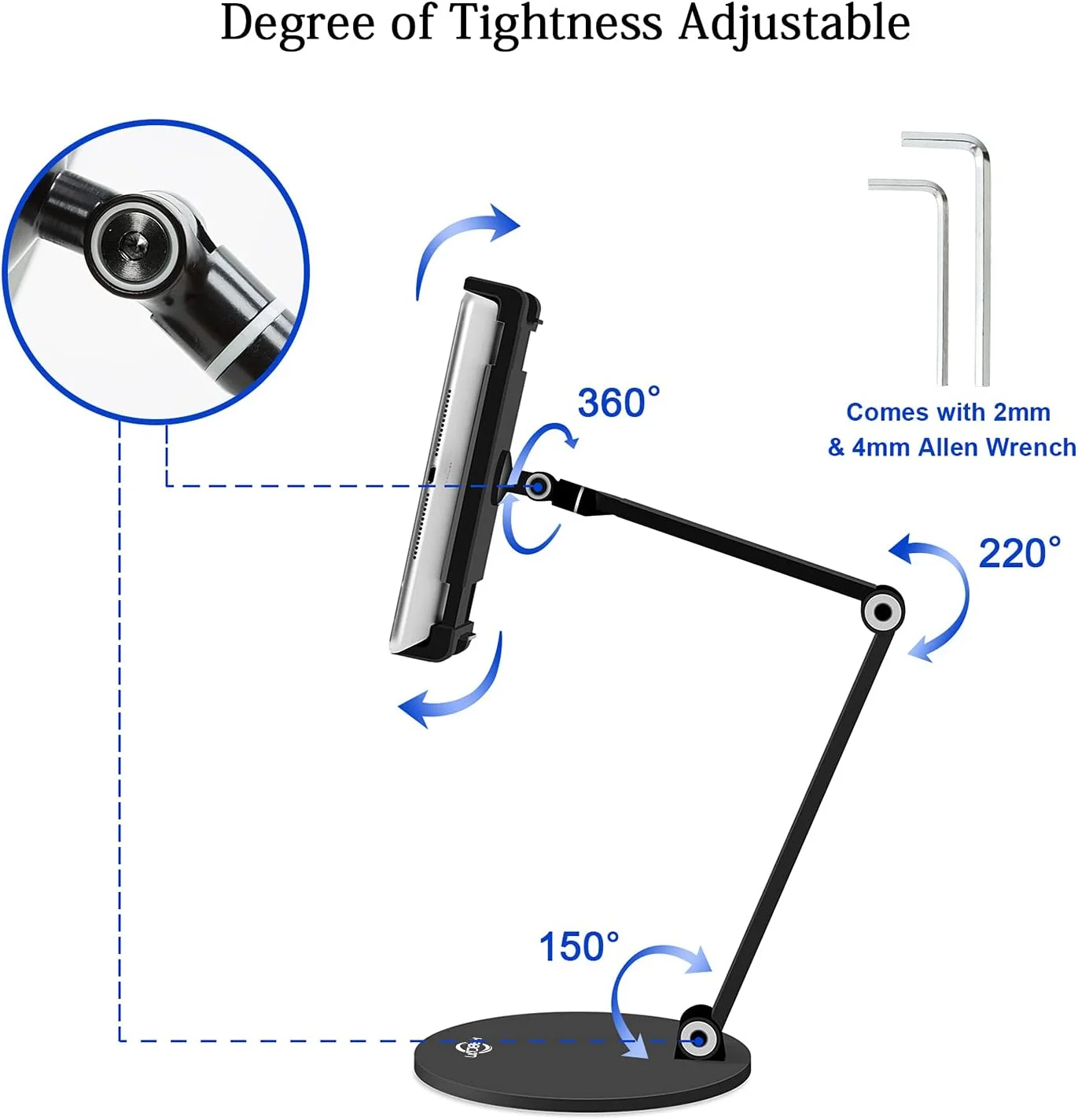 پایه تبلت KABCON، با قابلیت تنظیم سفتی، چرخش 360 درجه، چند زاویه، سطح چشم، آلومینیومی جامد با بازوی بلند برای سری آیپد، سری تبلت مایکروسافت سرفیس، تبلت های سامسونگ گلکسی، کیندل فایر و غیره