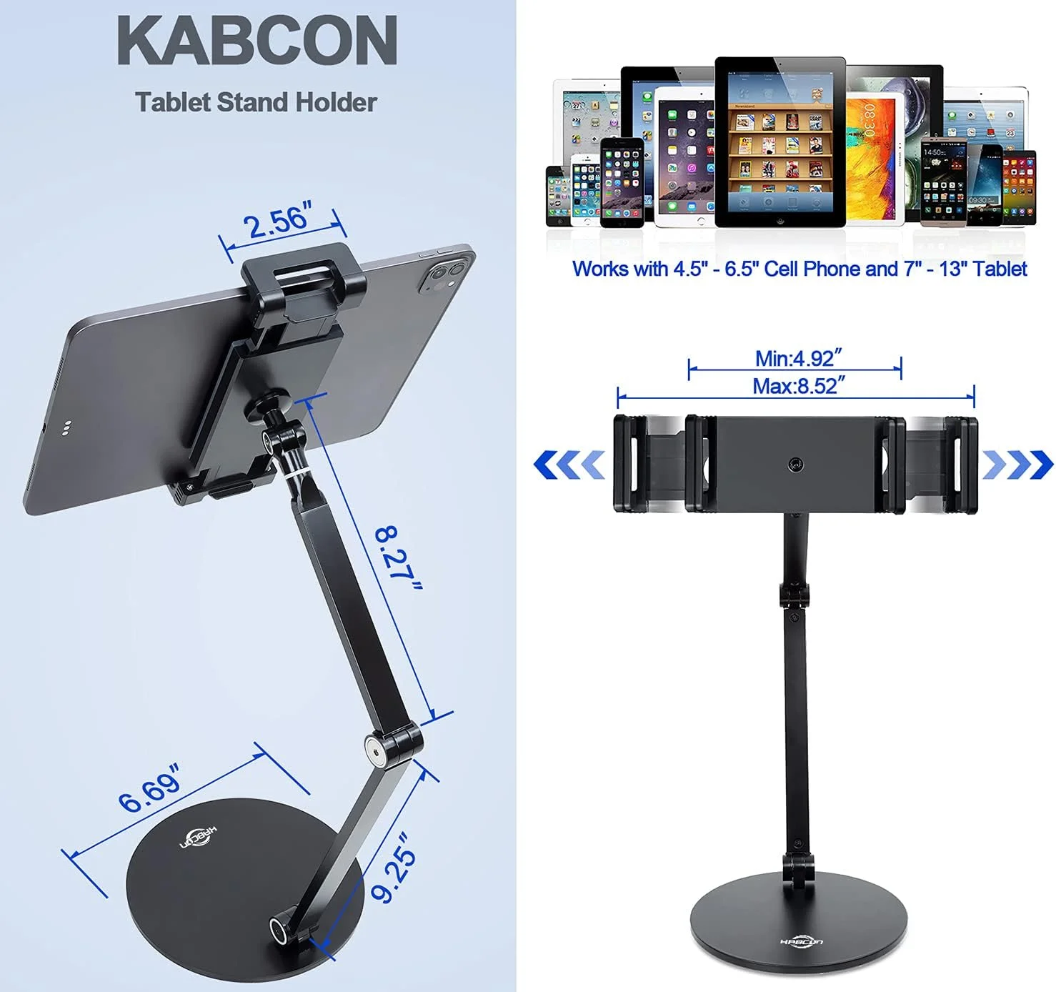 پایه تبلت KABCON، با قابلیت تنظیم سفتی، چرخش 360 درجه، چند زاویه، سطح چشم، آلومینیومی جامد با بازوی بلند برای سری آیپد، سری تبلت مایکروسافت سرفیس، تبلت های سامسونگ گلکسی، کیندل فایر و غیره