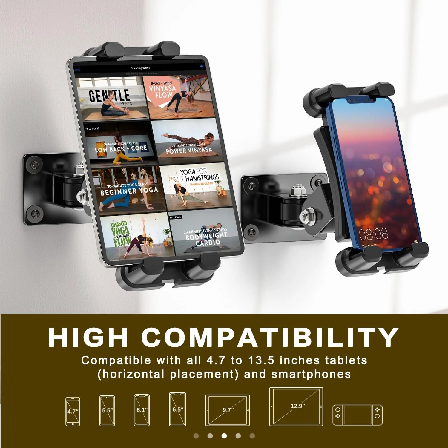 پایه دیواری تبلت با قابلیت چرخش 360 درجه، نگهدارنده دیواری آیپد قابل تنظیم برای همه دستگاه ها و تلفن های هوشمند 4.7-12.9 اینچی، پایه دیواری فلزی مناسب برای آشپزخانه، دفتر، انبار و غیره