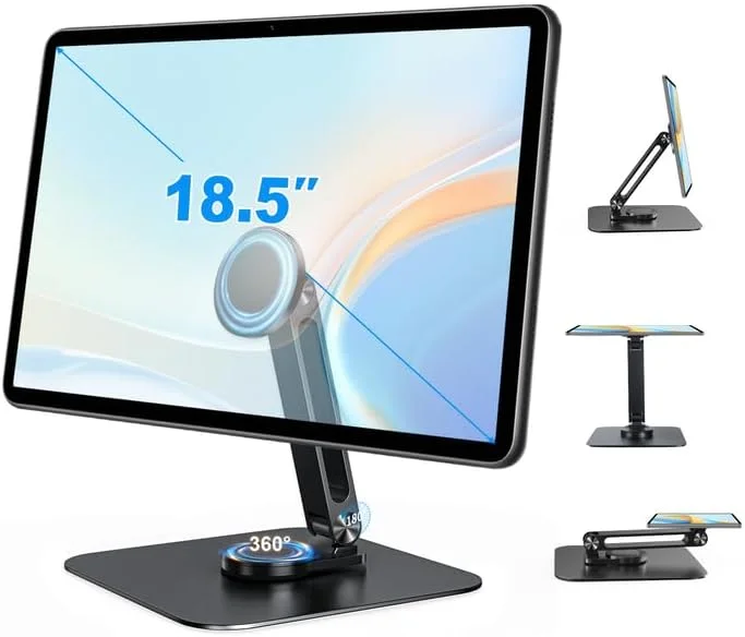پایه نگهدارنده مغناطیسی قابل تنظیم برای تبلت و مانیتورهای کوچک قابل حمل 10 تا 18.5 اینچی، پایه رومیزی بازویی تاشو و چرخشی آلیاژ آلومینیوم برای آیپد ایر مینی پرو 12.9 13، تبلت های سامسونگ گلکسی