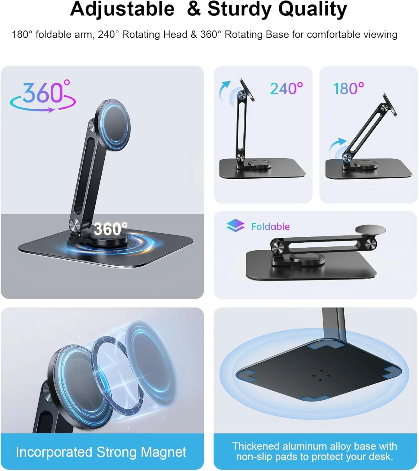 پایه نگهدارنده مغناطیسی قابل تنظیم برای تبلت و مانیتورهای کوچک قابل حمل 10 تا 18.5 اینچی، پایه رومیزی بازویی تاشو و چرخشی آلیاژ آلومینیوم برای آیپد ایر مینی پرو 12.9 13، تبلت های سامسونگ گلکسی