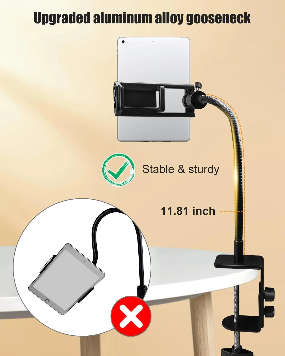 پایه نگهدارنده تبلت گردن غازی ارتقا یافته، پایه نگهدارنده تلفن مناسب برای آیپد، گیره فلزی قابل چرخش 360 درجه قابل تنظیم، مناسب برای جلسات کاری آشپزخانه و موارد دیگر