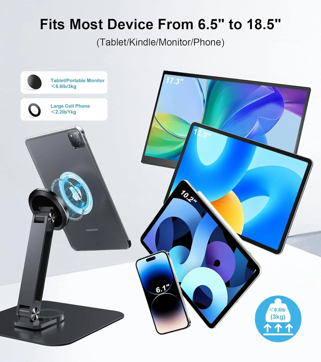 پایه نگهدارنده مغناطیسی قابل تنظیم برای تبلت و مانیتورهای کوچک قابل حمل 10 تا 18.5 اینچی، پایه رومیزی بازویی تاشو و چرخشی آلیاژ آلومینیوم برای آیپد ایر مینی پرو 12.9 13، تبلت های سامسونگ گلکسی