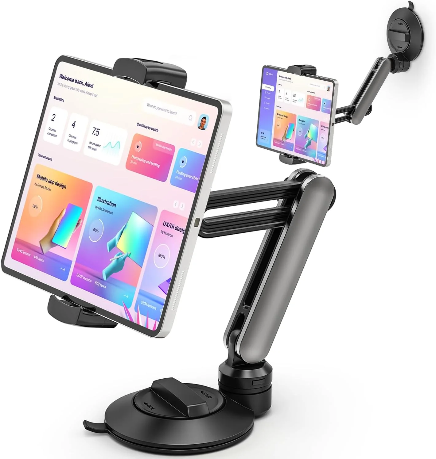 پایه نگهدارنده آیپد با مکنده، هولدر تبلت قابل تنظیم برای داشبورد و شیشه جلوی خودرو، پایه نگهدارنده آیپد با قابلیت چرخش 360 درجه مناسب برای آیپد پرو/ایر/مینی و تبلت‌ها و تلفن‌های هوشمند 4.7 تا 12.9 اینچی