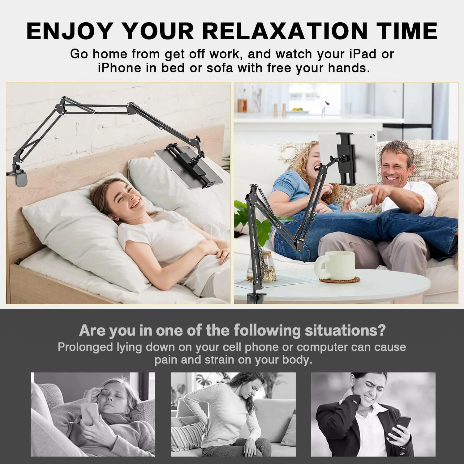 Tablet Holder for Bed, Adjustable iPad Bed Stand with 360° Rotation, 37.6 inches Foldable Aluminum Arm Mount for iPad mini/Air and All 4.7-12.9" Tablet & Smartphones