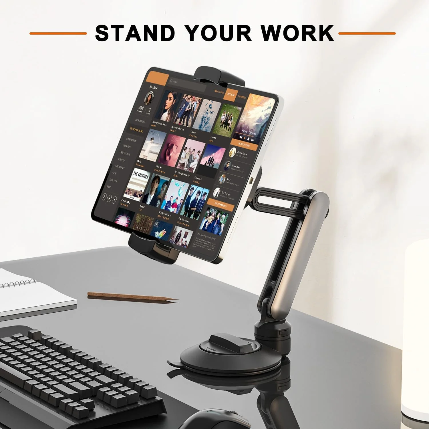 پایه نگهدارنده آیپد با مکنده، هولدر تبلت قابل تنظیم برای داشبورد و شیشه جلوی خودرو، پایه نگهدارنده آیپد با قابلیت چرخش 360 درجه مناسب برای آیپد پرو/ایر/مینی و تبلت‌ها و تلفن‌های هوشمند 4.7 تا 12.9 اینچی