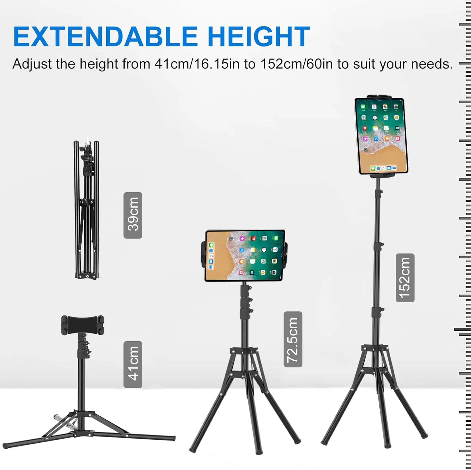 پایه سه پایه آیپد، سه پایه قابل تنظیم ارتفاع 160 سانتی‌متری برای تبلت، پایه نگهدارنده تبلت با قابلیت چرخش 360 درجه برای آیپد مینی/ایر/پرو، تلفن‌های هوشمند و همه دستگاه‌های 4.7 تا 13.5 اینچی