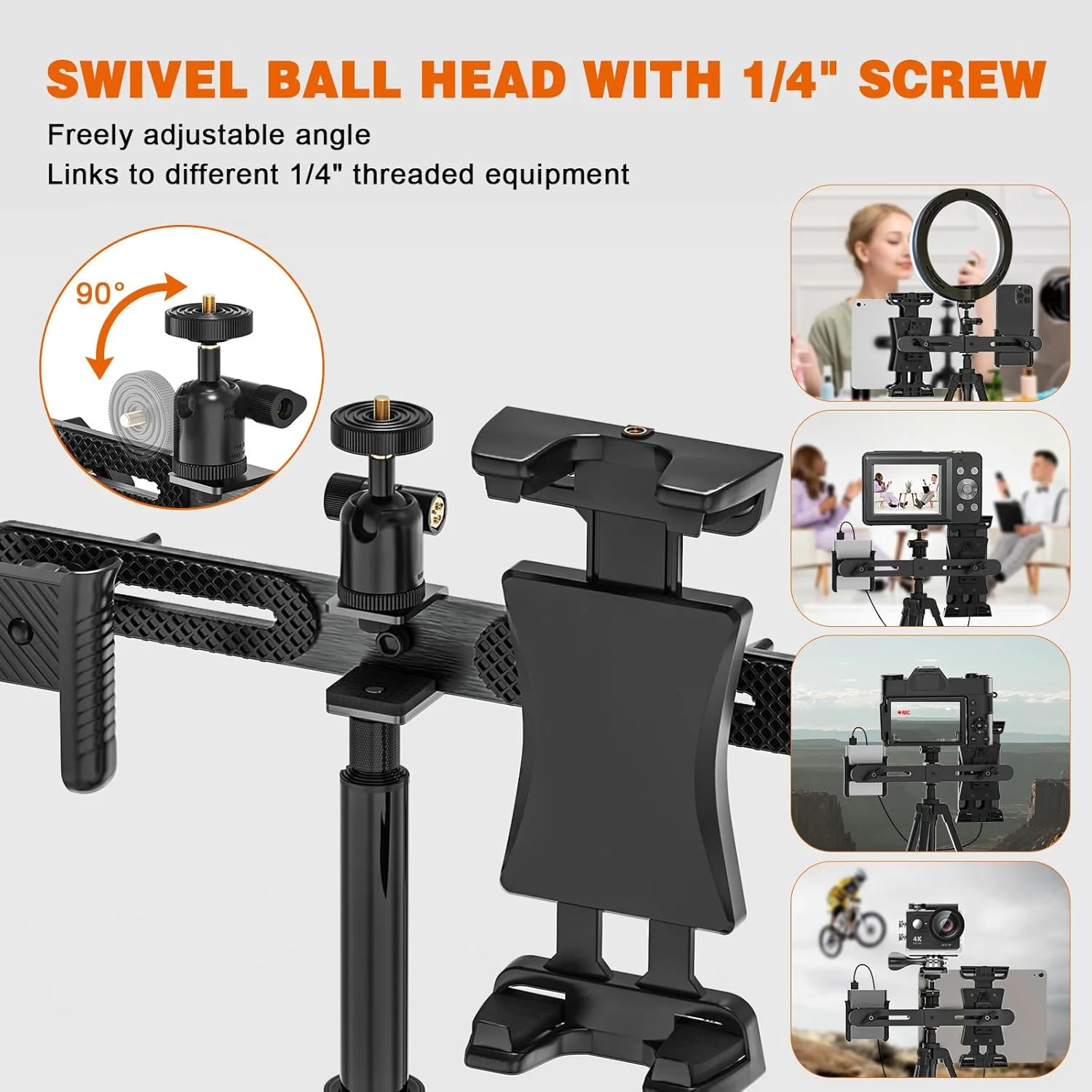 آداپتور اتصال آیپد به سه پایه با سر توپی 1/4 اینچی برای نور حلقه ای ال ای دی، میکروفون و 2 گیره برای آیپد مینی، ایر، تمام تبلت ها و تلفن های هوشمند سبک وزن 4.7-12.9 اینچی