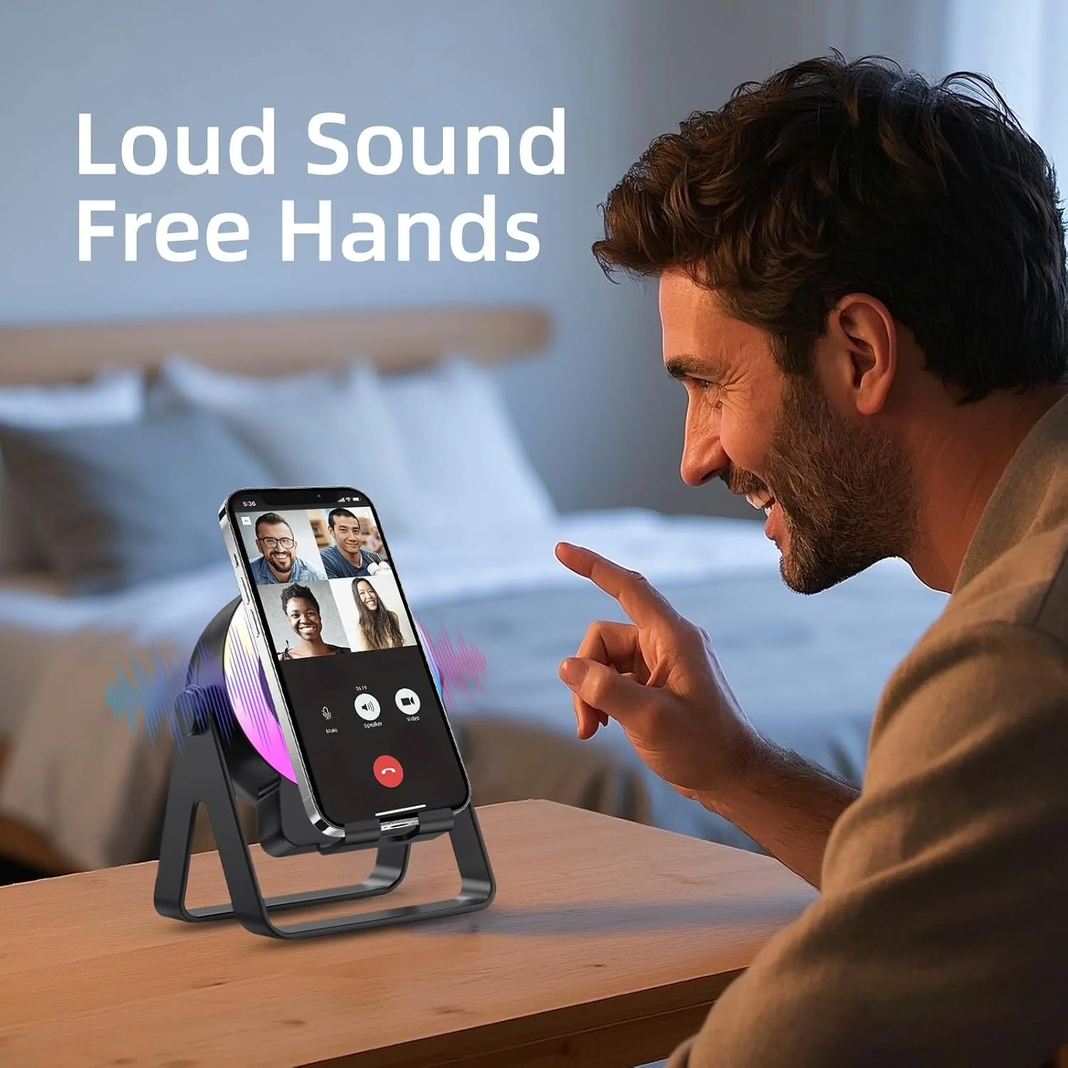 پایه نگهدارنده گوشی 4 در 1 با اسپیکر القایی بی سیم، پایه تلفن همراه با بلندگوی بلوتوث، صدای استریو، نور محیطی RGB، هولدر تلفن برای آیفون، تلفن های اندرویدی، آیپد، تبلت ها، کتابخوان الکترونیکی - مشکی