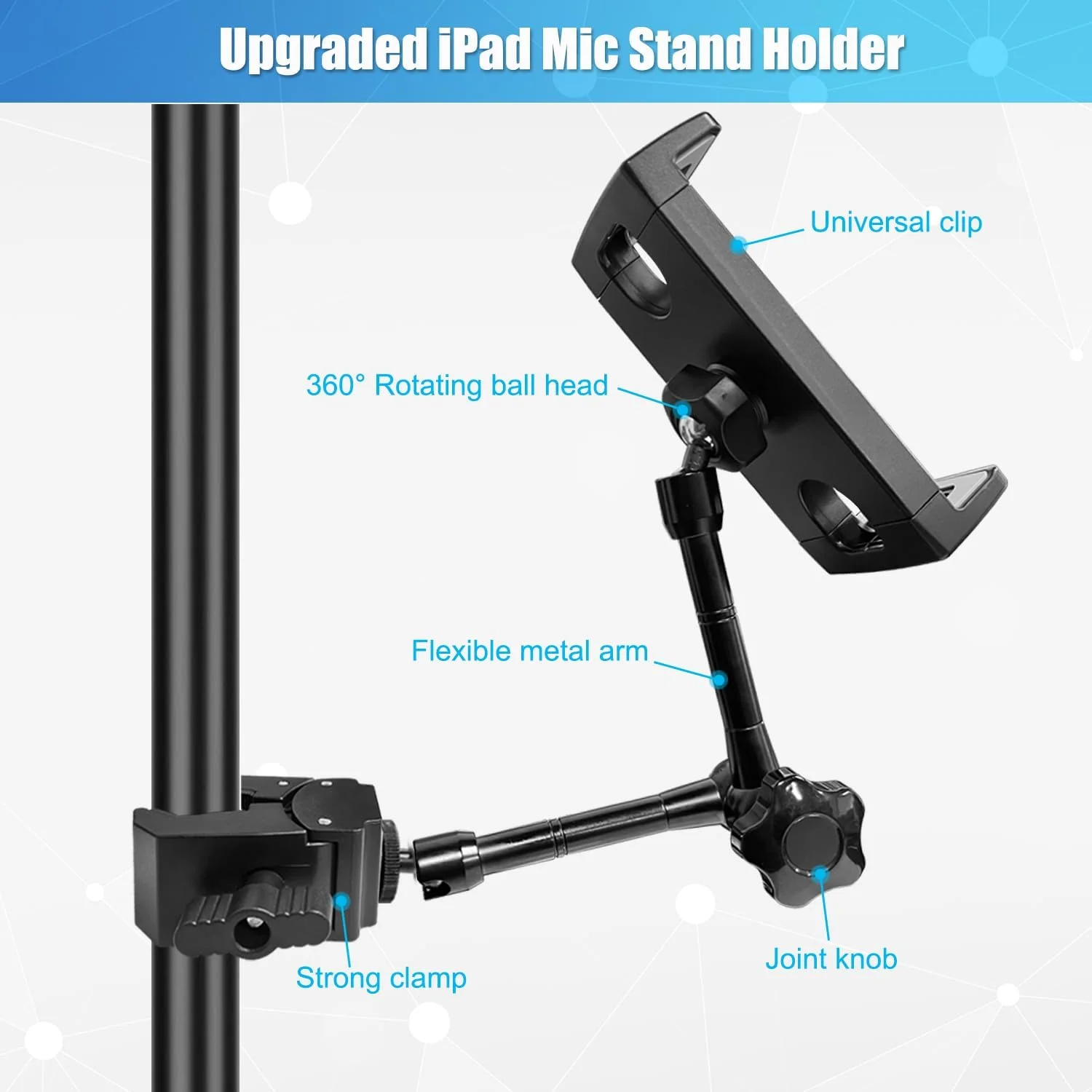 نگهدارنده تبلت برای پایه میکروفون، پایه نگهدارنده آیپد قابل تنظیم، نگهدارنده تبلت با گیره برای میله، میز، کابینت آشپزخانه، سازگار با آیپد، آیفون، تلفن های هوشمند اندرویدی 4.7 تا 12.9 اینچی نگهدارنده تبلت برای پایه میکروفون، پایه نگهدارنده آیپد قابل تنظیم، نگهدارنده تبلت با گیره برای میله، میز، کابینت آشپزخانه، سازگار با آیپد، آیفون، تلفن های هوشمند اندرویدی 4.7 تا 12.9 اینچی