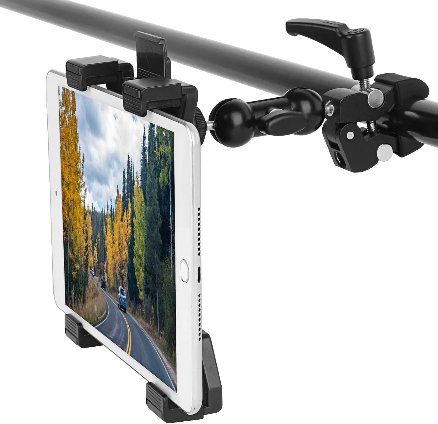 نگهدارنده تبلت iTODOS برای دوچرخه ثابت، کالسکه، تردمیل، گاری گلف، ویلچر، دوچرخه ثابت، پایه میکروفون، گیره تبلت قابل تنظیم 7 تا 11 اینچی مناسب برای آیپد، سامسونگ گلکسی تب، گوگل نکسوس، فایر اچ دی و جی پی اس