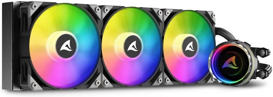 خنک کننده مایع پردازنده Sharkoon S90 RGB 360mm AIO، فن های 120mm RGB PWM آدرس پذیر، سرعت فن 600 ~ 2000 دور در دقیقه، جریان هوای 77.7 CFM، 12x LED RGB آدرس پذیر، LGA 1700 / AM5، مشکی | 4044951038015