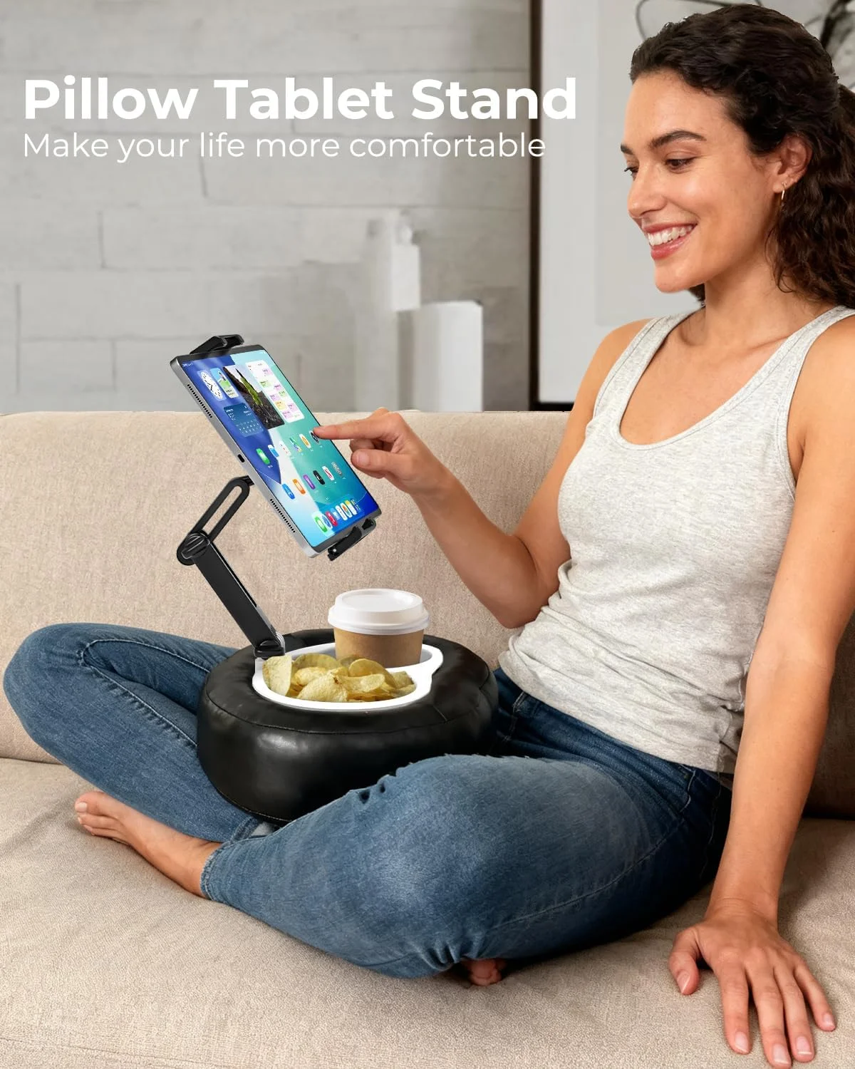پایه نگهدارنده تبلت با روکش چرمی و محفظه نگهداری - پشتیبانی پایدار برای دستگاه های 6.1 تا 15.6 اینچی، ضد آب و تاشو مناسب برای مبل/تخت/زمین، مناسب برای آیپد پرو/ایر/مینی، گلکسی تب