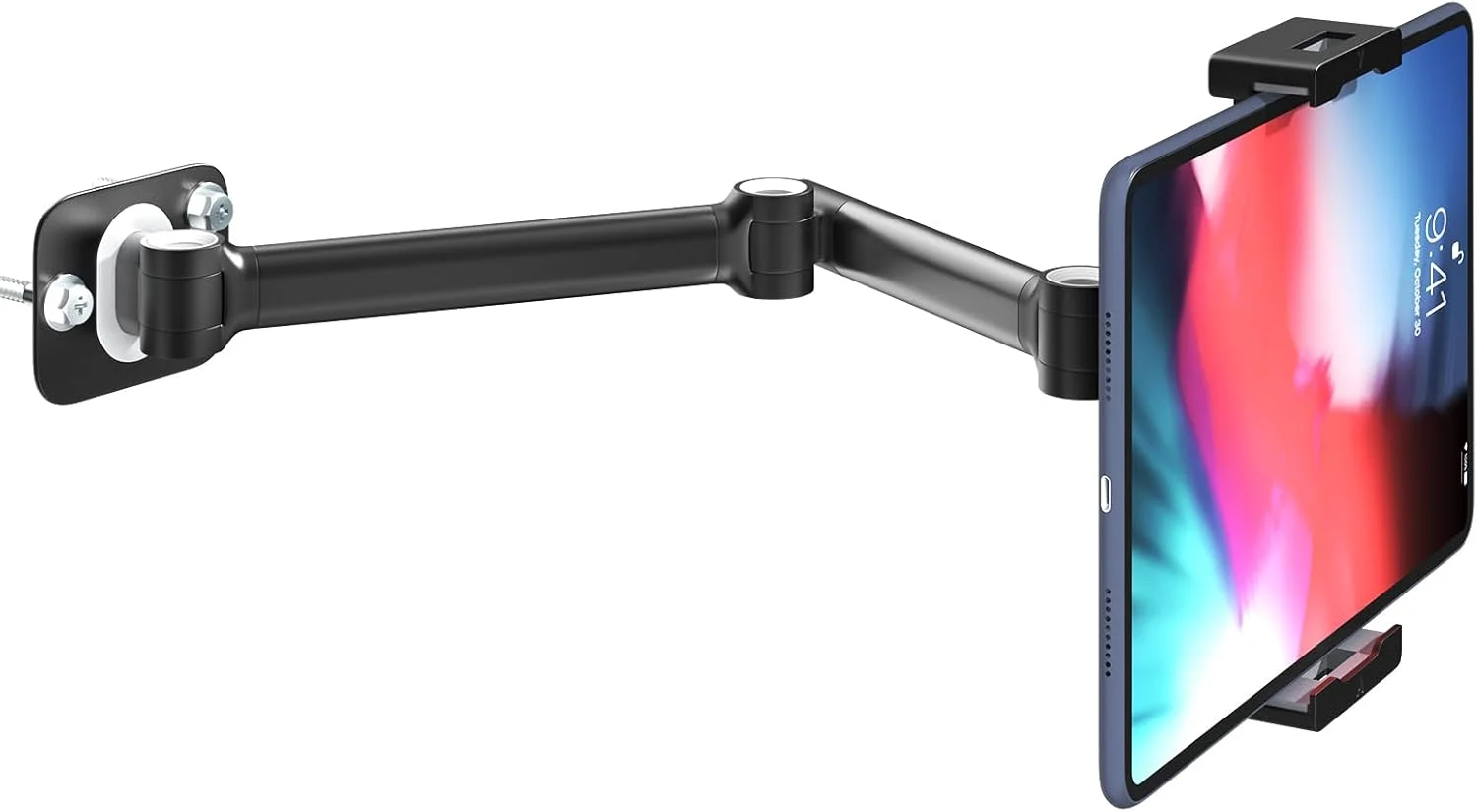 پایه دیواری تبلت - مناسب برای تبلت های 7 تا 12.9 اینچی با قابلیت چرخش 360 درجه و تنظیم زاویه، براکت دیواری تبلت تاشو برای آشپزخانه/دفتر/باشگاه