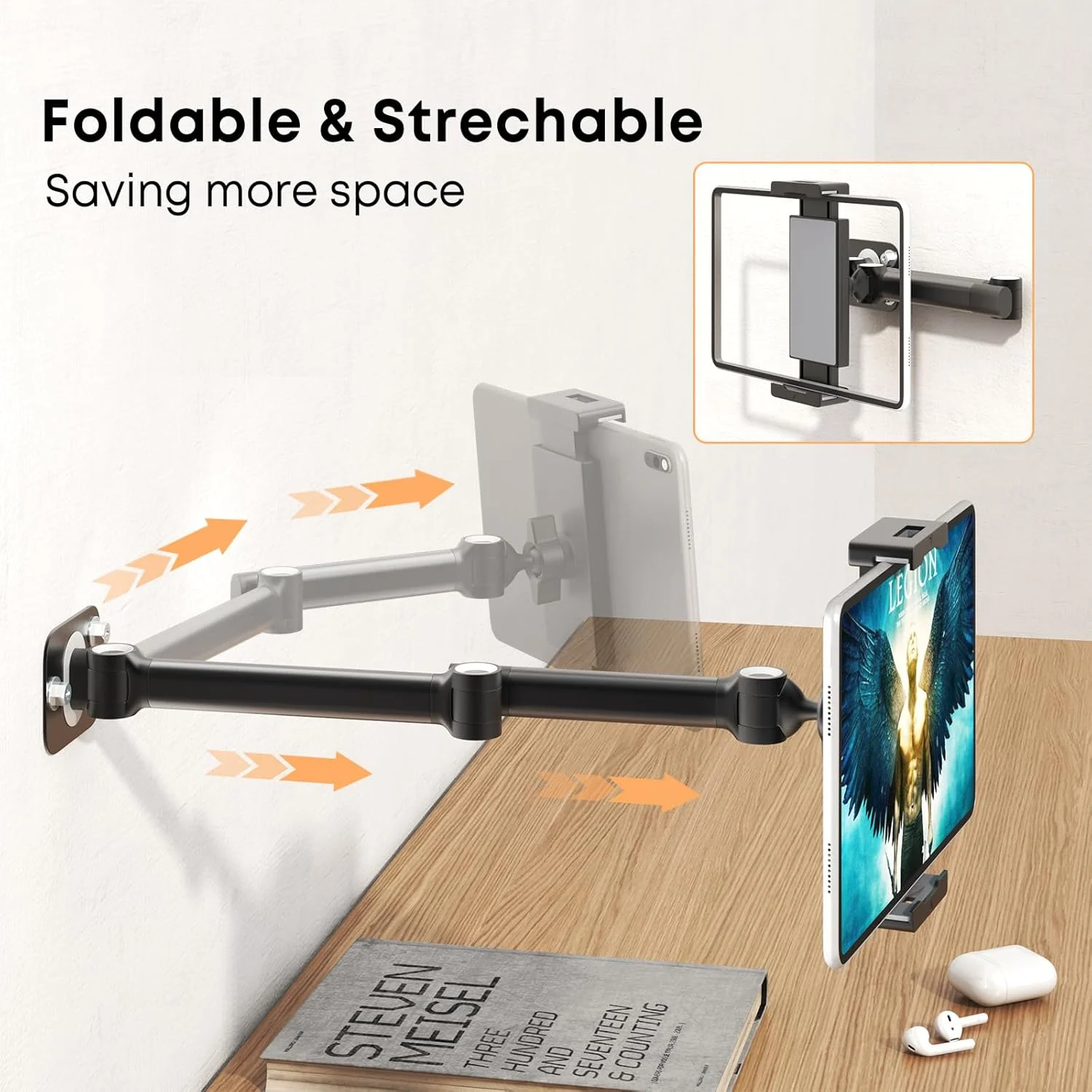 پایه دیواری تبلت - مناسب برای تبلت های 7 تا 12.9 اینچی با قابلیت چرخش 360 درجه و تنظیم زاویه، براکت دیواری تبلت تاشو برای آشپزخانه/دفتر/باشگاه