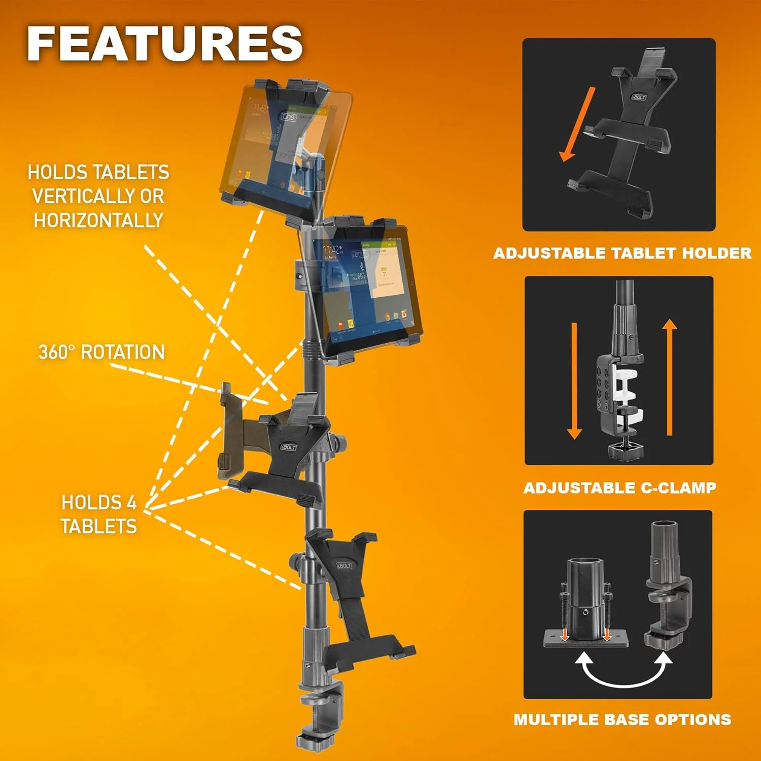 پایه گیره ای تبلت آی بولت TabDock مناسب برای کاربردهای مختلف تحویل کالا (DoorDash، Uber Eats، Postmates و غیره) - با 4 نگهدارنده تبلت مناسب برای تبلت های 7 تا 10 اینچی