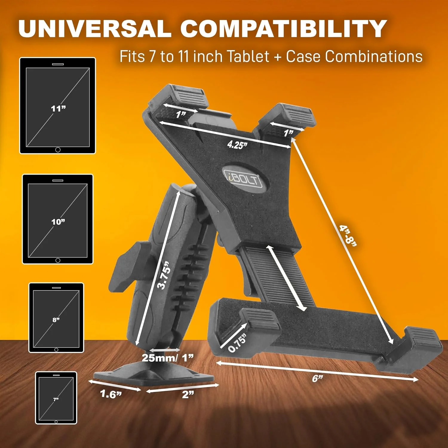 پایه نگهدارنده تبلت iBOLT TabDock Bizmount AMPs - پایه مته ای سنگین برای تبلت های 7 تا 10 اینچی - مناسب برای خودروهای تجاری، کامیون ها و نصب روی دیوار - دارای مفصل توپی 1 اینچی / 25 میلی متری