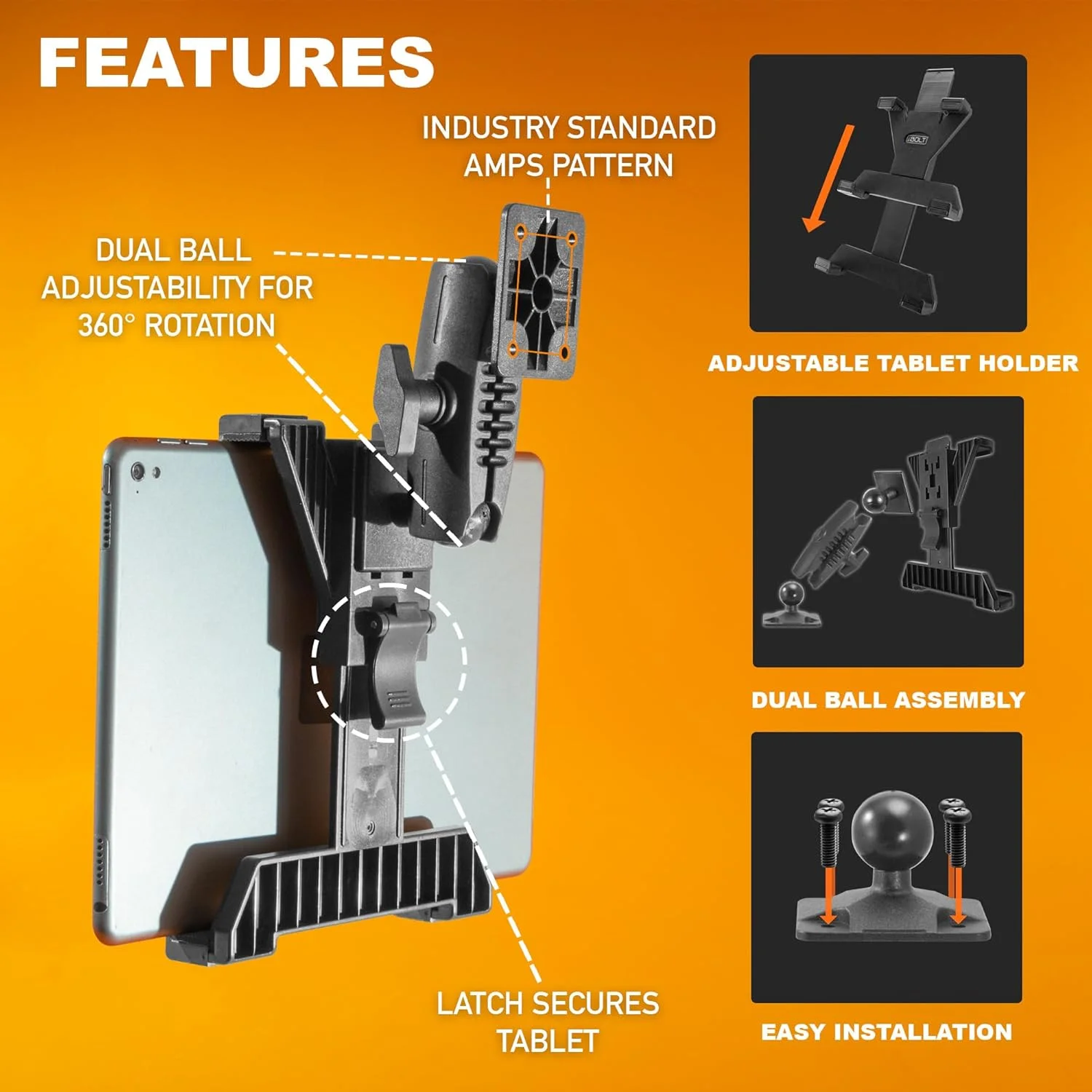 پایه نگهدارنده تبلت iBOLT TabDock Bizmount AMPs - پایه مته ای سنگین برای تبلت های 7 تا 10 اینچی - مناسب برای خودروهای تجاری، کامیون ها و نصب روی دیوار - دارای مفصل توپی 1 اینچی / 25 میلی متری