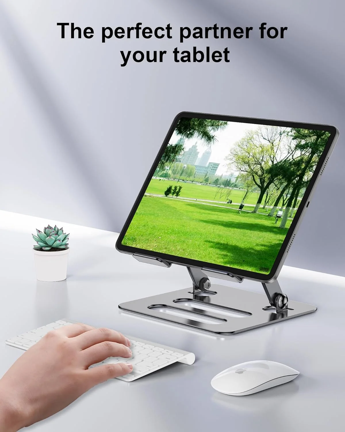 پایه تبلت قابل تنظیم و تاشو آلومینیومی مناسب تبلت (4.7-12.9 اینچ) کیندل و گوشی تاشو سازگار با سری آیپد، گلکسی زد فلیپ 5، خاکستری نقره ای