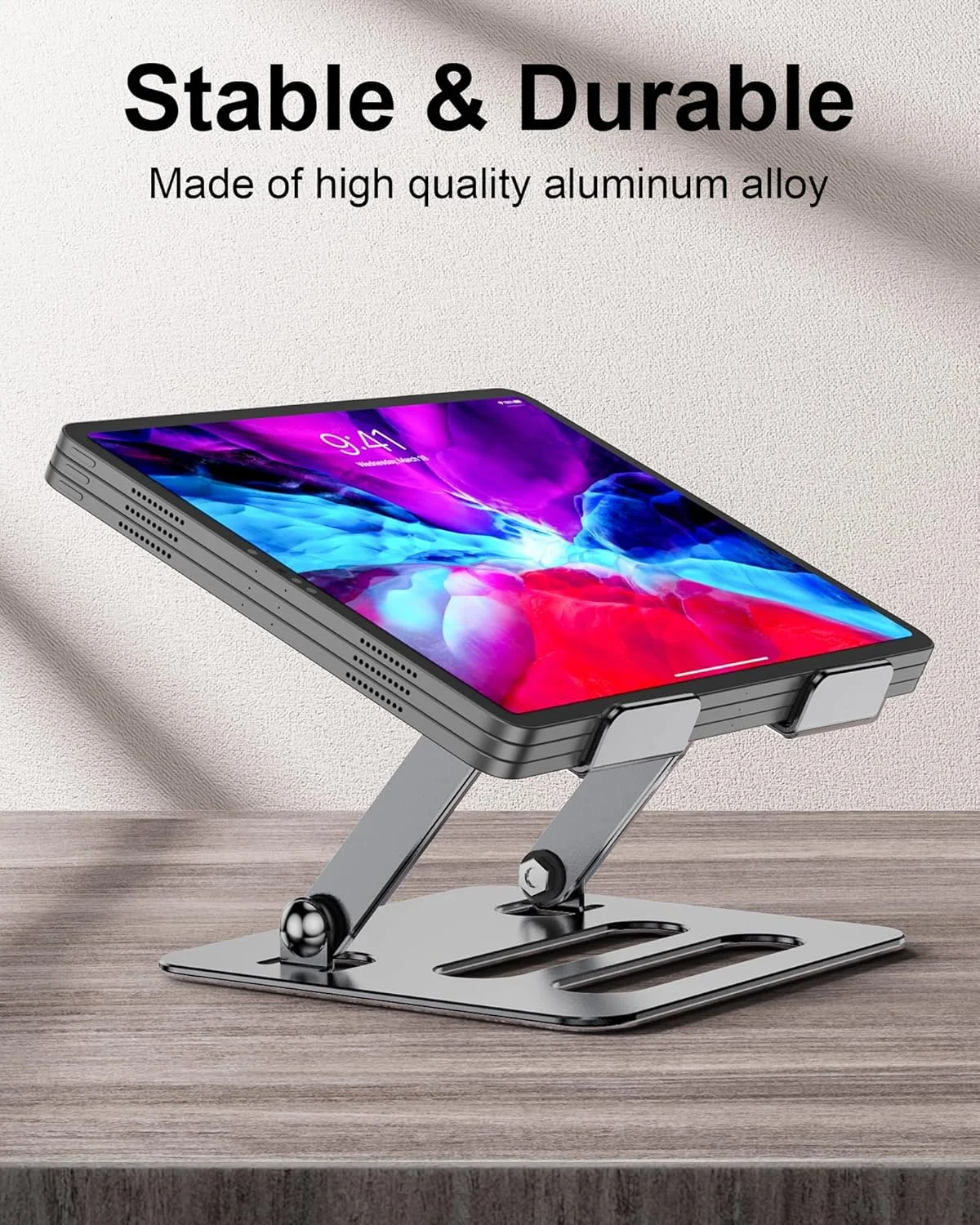 پایه تبلت قابل تنظیم و تاشو آلومینیومی مناسب تبلت (4.7-12.9 اینچ) کیندل و گوشی تاشو سازگار با سری آیپد، گلکسی زد فلیپ 5، خاکستری نقره ای