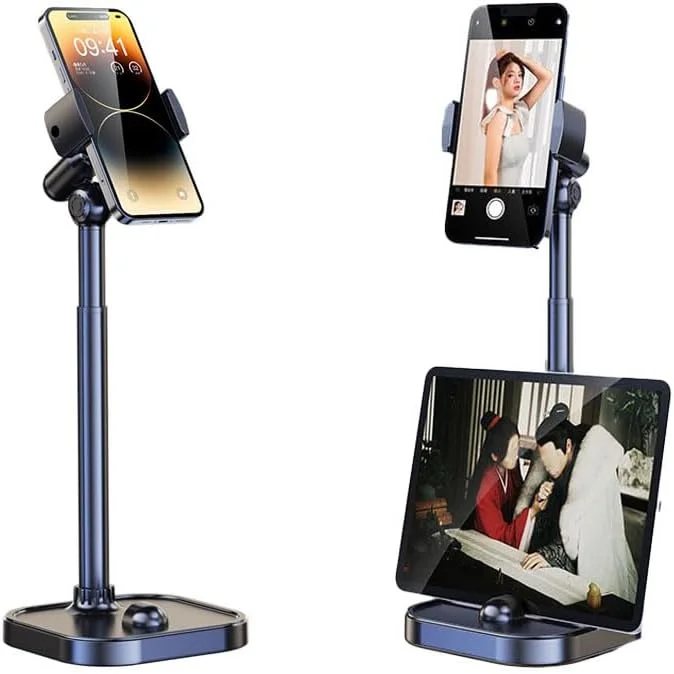 پایه تلفن قابل تنظیم ارتفاع، پایه رومیزی چرخشی 360 درجه با قابلیت جمع شدن برای اکثر تلفن های همراه و تبلت ها با صفحه نمایش 4.7 تا 15.6 اینچ