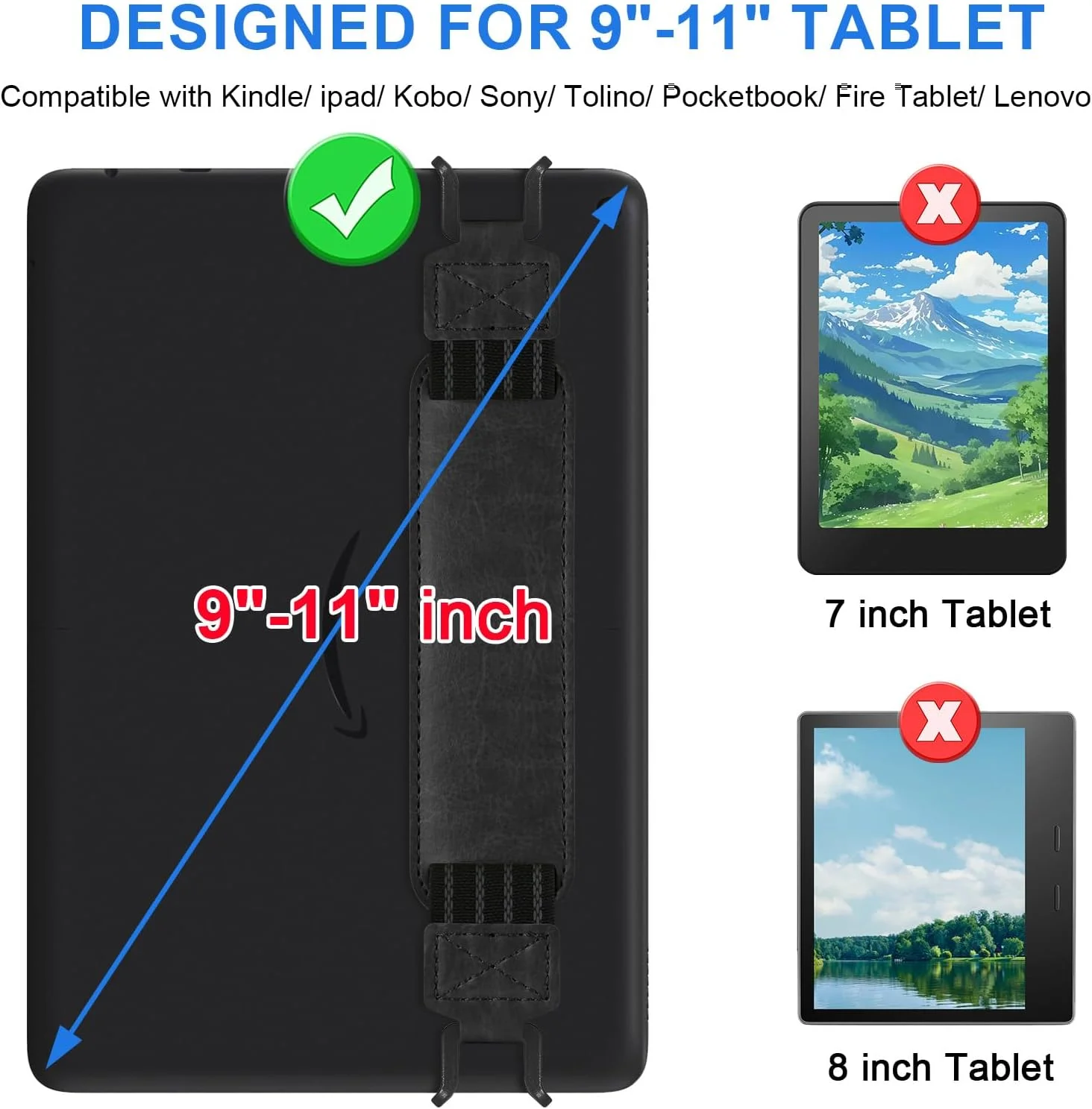 بند دستی نرم برای کتابخوان های الکترونیکی و تبلت های 9-11 اینچی سازگار با فایر HD 10/آیپد 9.7/آیپد مینی/گلکسی تب A8 A9/هوآوی، سبک وزن، مشکی، نگهدارنده انگشتی با کشسانی بالا - مشکی