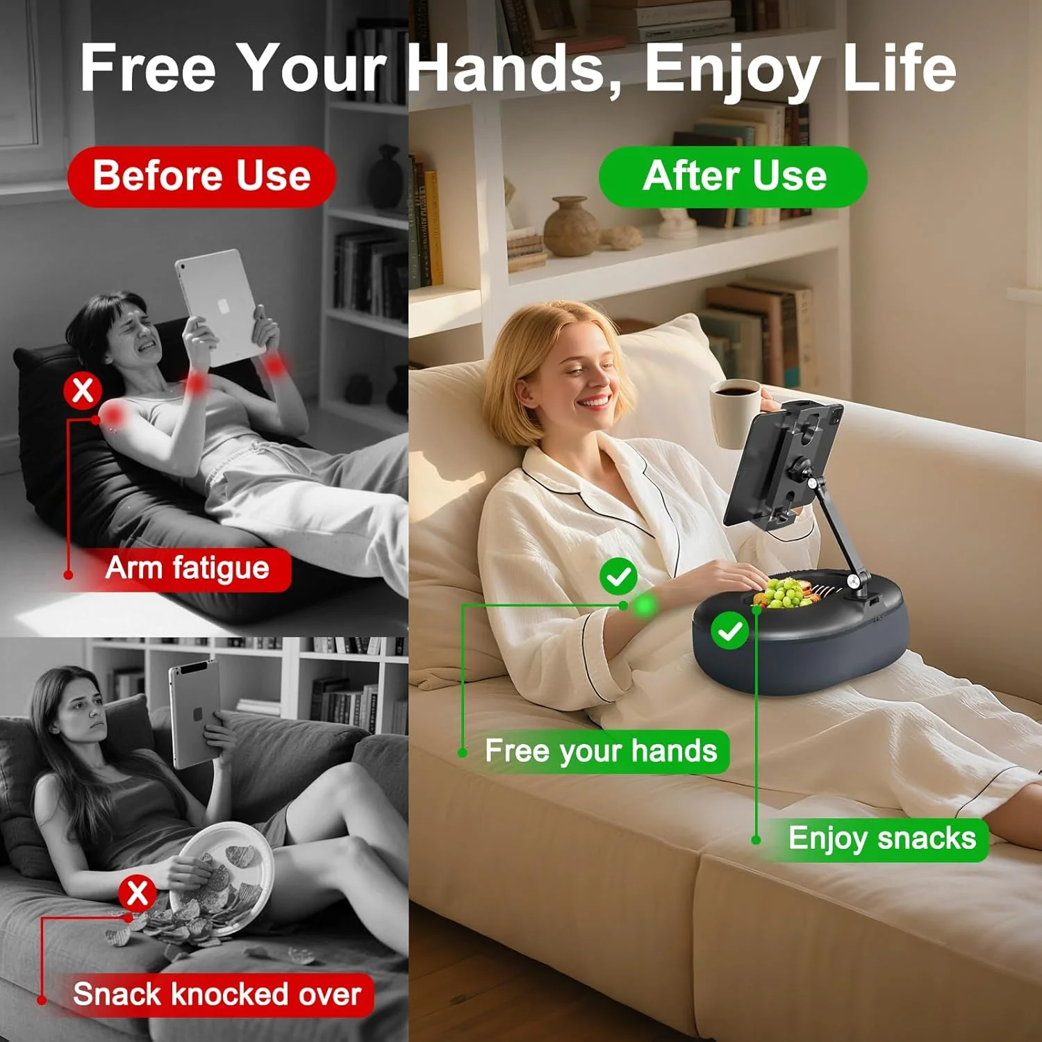 پایه نگهدارنده تبلت مدل بین بگ، افزایش ارتفاع صفحه نمایش، نگهدارنده کتاب بدون نیاز به دست، دارای جای تنقلات و پایه جداشدنی برای تخت یا مبل، سازگار با کیندل، آیپد، کتاب الکترونیکی، تبلت