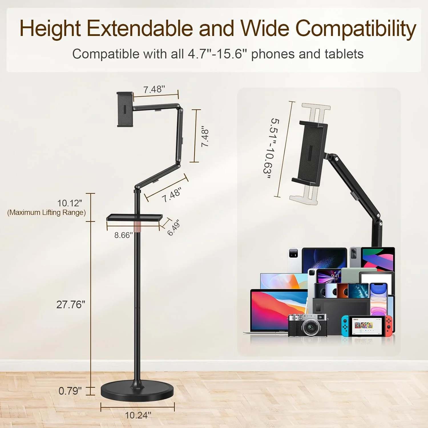 پایه نگهدارنده تبلت Houele با سینی جداشدنی، پایه نگهدارنده تبلت برای تخت، پایه تبلت با قابلیت تنظیم ارتفاع برای تبلت ها، آیپدها و تلفن های 4.7 تا 15.6 اینچی