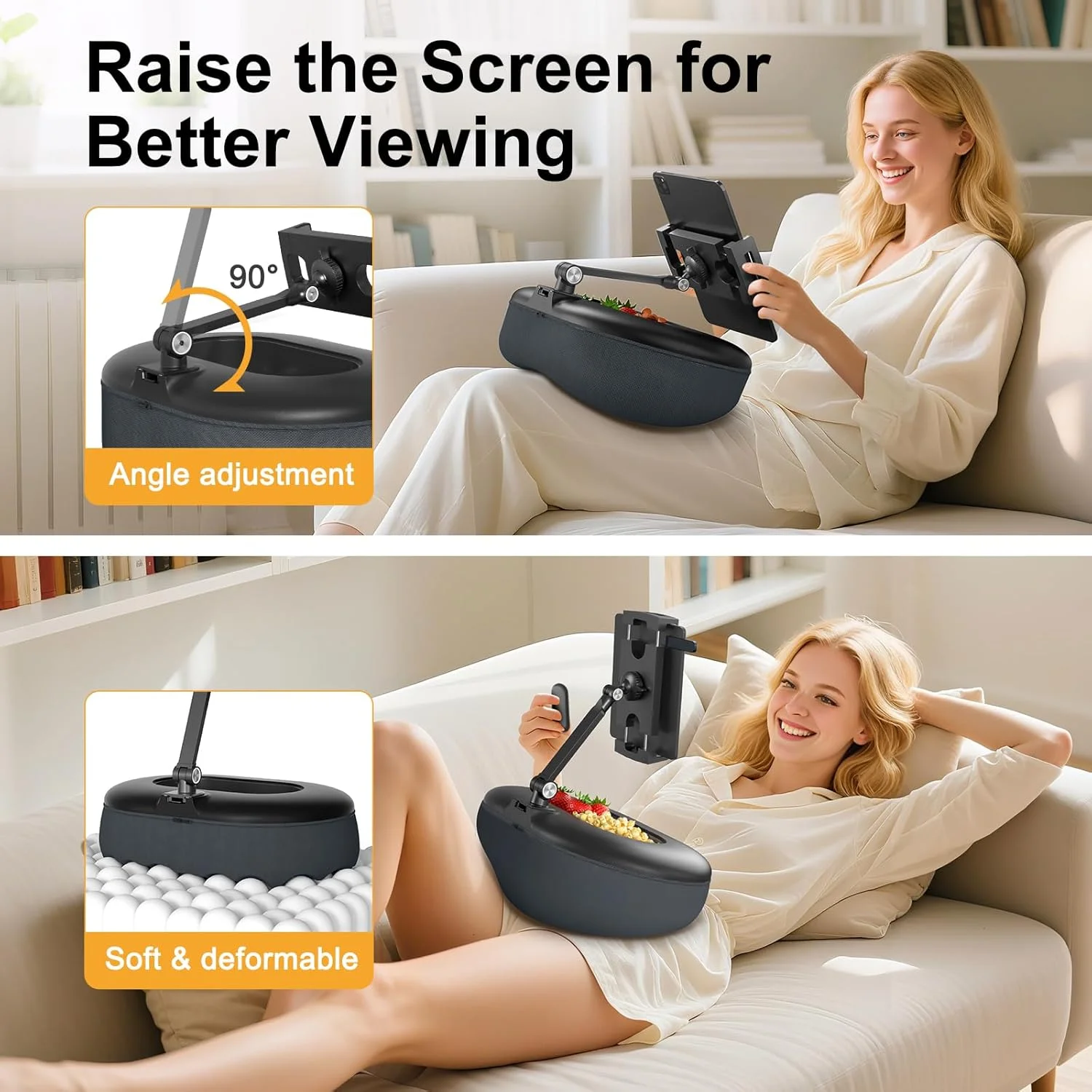 پایه نگهدارنده تبلت مدل بین بگ، افزایش ارتفاع صفحه نمایش، نگهدارنده کتاب بدون نیاز به دست، دارای جای تنقلات و پایه جداشدنی برای تخت یا مبل، سازگار با کیندل، آیپد، کتاب الکترونیکی، تبلت