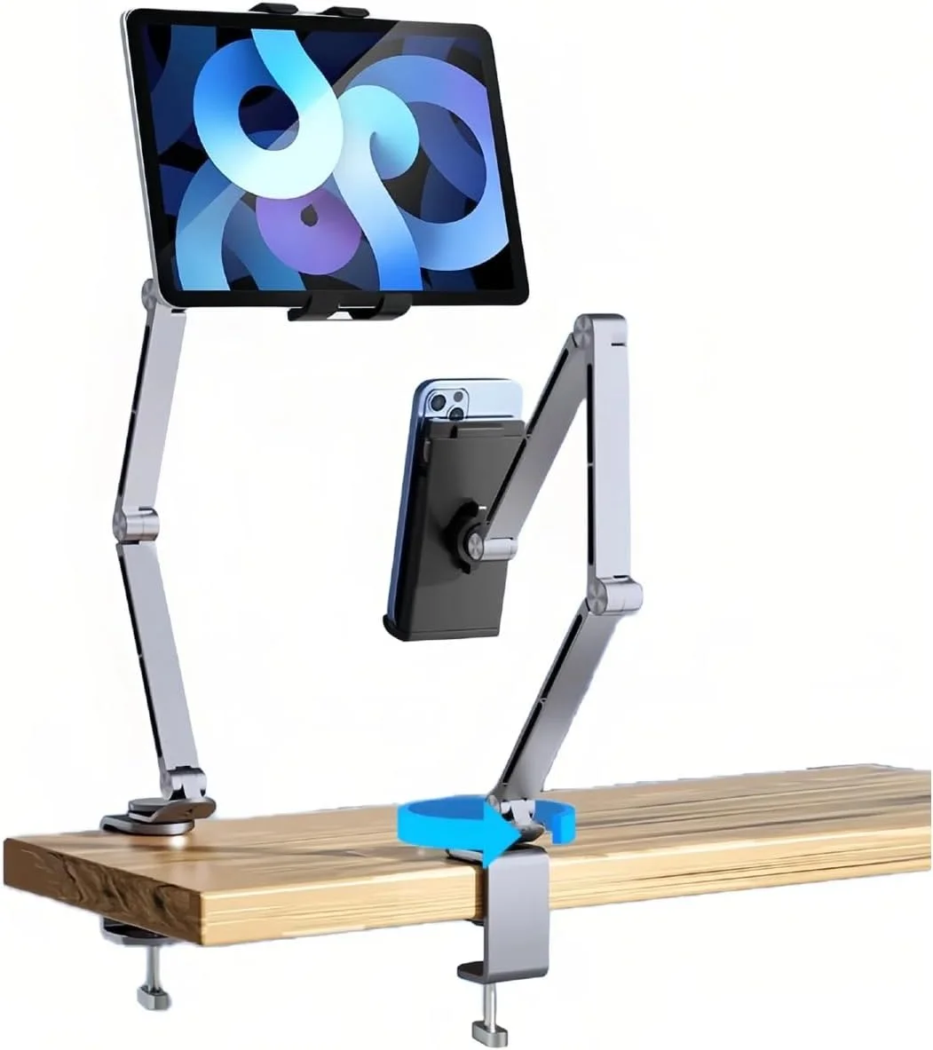 پایه نگهدارنده تبلت و گوشی قابل تنظیم، پایه چند مفصلی ارگونومیک با گیره رومیزی محکم، قابلیت چرخش 360 درجه و ارتفاع قابل تنظیم، مناسب برای دستگاه ها در خانه، دفتر، استودیو (خاکستری)