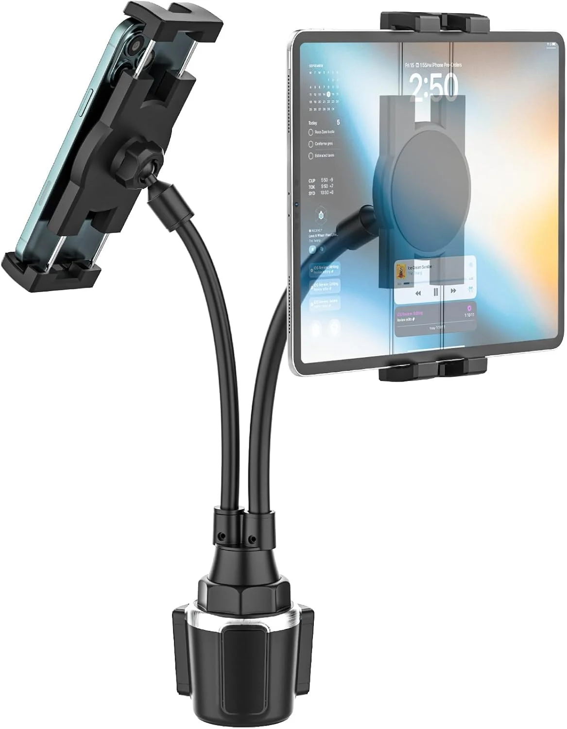 پایه نگهدارنده تبلت و موبایل دوگانه فنجانی خودرو برای تلفن و آیپد 4.7 تا 13 اینچی - پایه تبلت گردن غازی دوبل برای کامیون، پایه نگهدارنده تبلت فنجانی خودرو سازگار با آیپد پرو/ایر/مینی، تبلت های گلکسی، آیفون