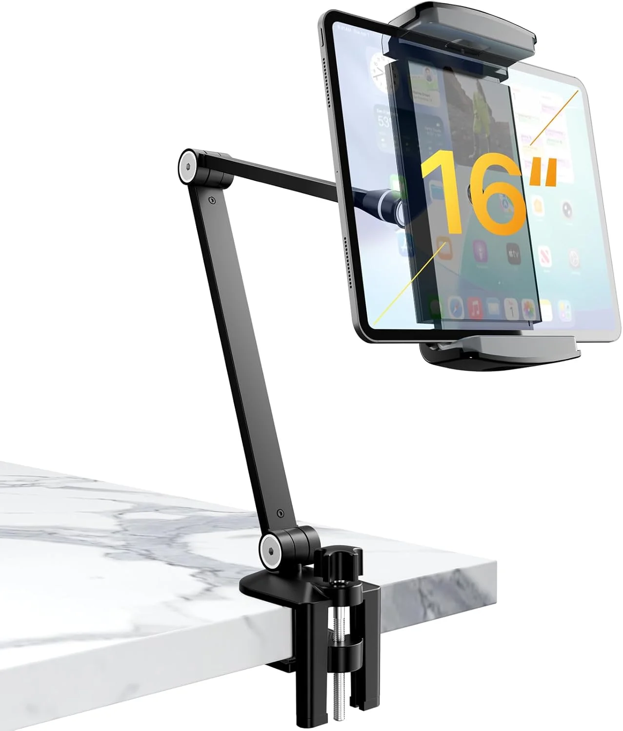 پایه نگهدارنده تبلت - پایه رومیزی آیپد قابل تنظیم با پایه چرخان 360 درجه برای دستگاه های 6.3-16 اینچی - بازوی تاشو آلومینیومی آیپد برای میز، تخت، آشپزخانه - سازگار با آیفون، آیپد، تبلت، مانیتور قابل حمل