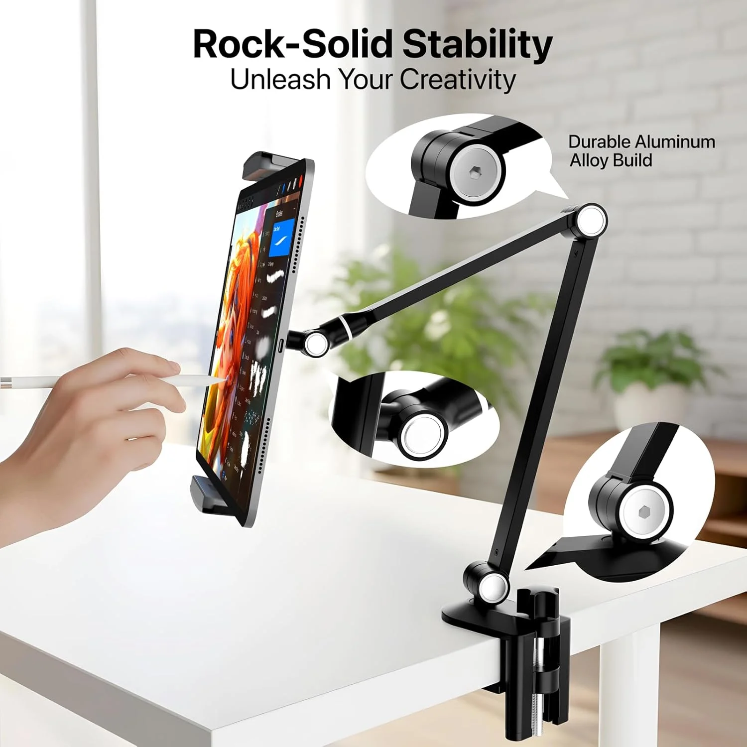 پایه نگهدارنده تبلت - پایه رومیزی آیپد قابل تنظیم با پایه چرخان 360 درجه برای دستگاه های 6.3-16 اینچی - بازوی تاشو آلومینیومی آیپد برای میز، تخت، آشپزخانه - سازگار با آیفون، آیپد، تبلت، مانیتور قابل حمل