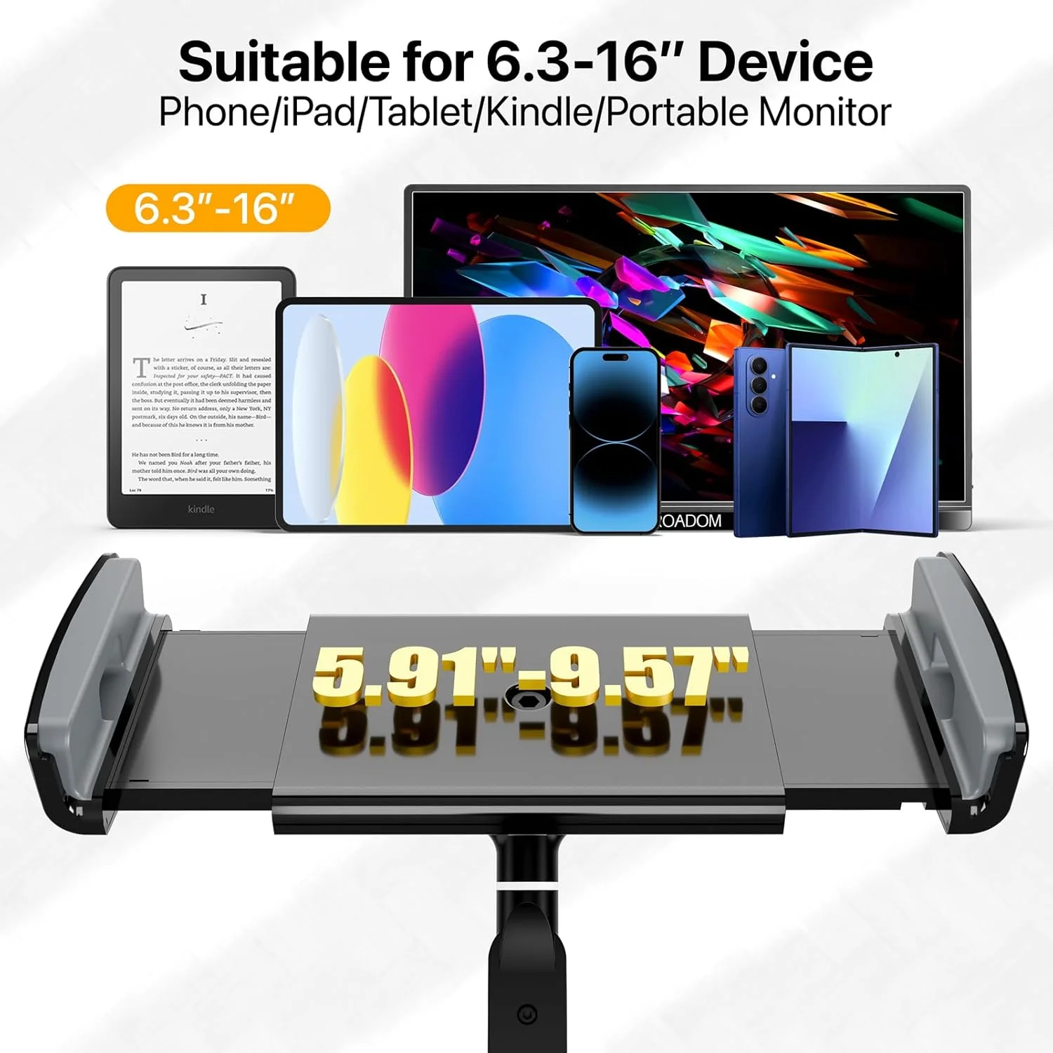 پایه نگهدارنده تبلت - پایه رومیزی آیپد قابل تنظیم با پایه چرخان 360 درجه برای دستگاه های 6.3-16 اینچی - بازوی تاشو آلومینیومی آیپد برای میز، تخت، آشپزخانه - سازگار با آیفون، آیپد، تبلت، مانیتور قابل حمل