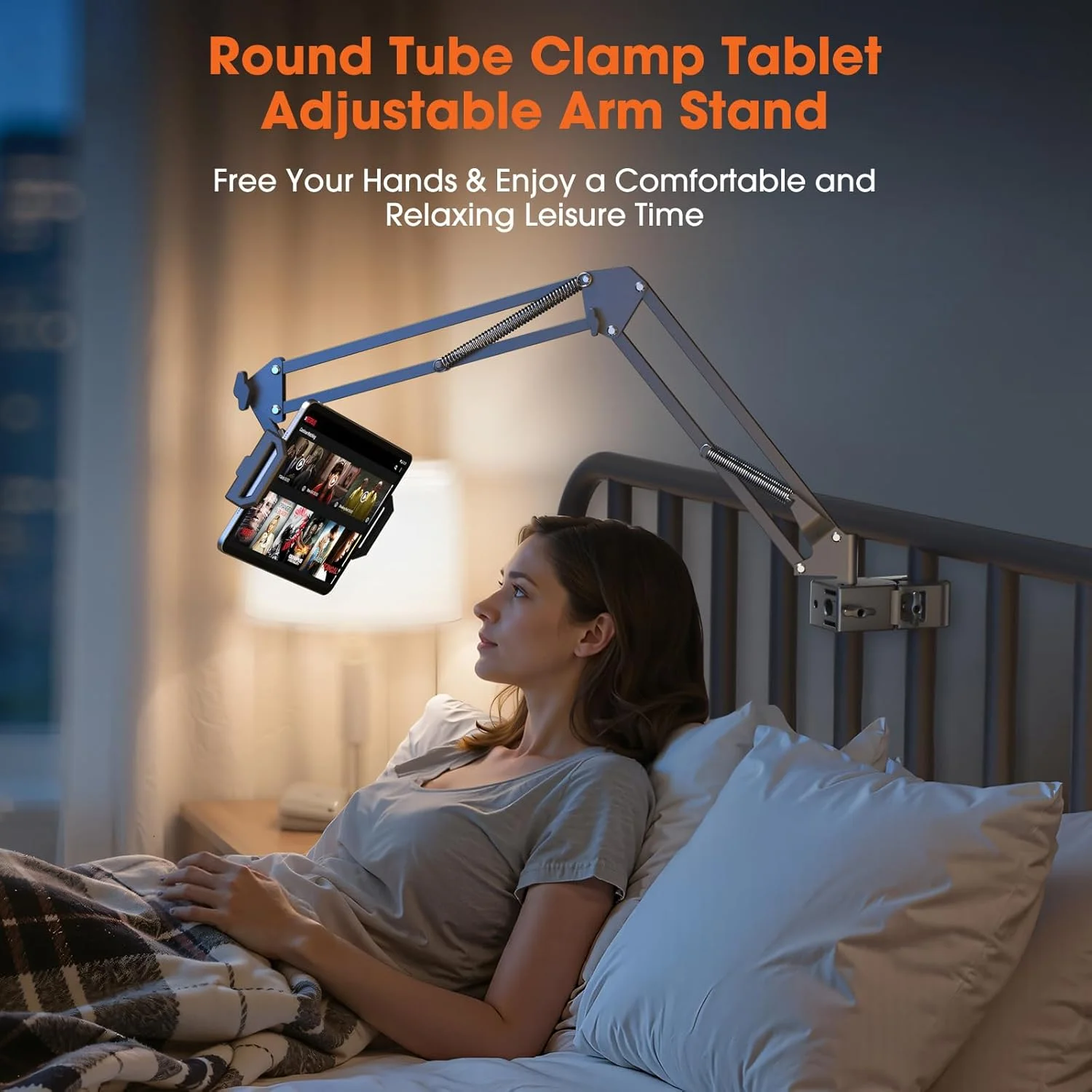 پایه تبلت برای تخت خواب با لوله گرد، نگهدارنده تبلت گیره لوله ای با بازوی قابل تنظیم چرخش 360 درجه، پایه نگهدارنده تلفن همراه جهانی برای نیازهای هندزفری، سازگار با آیپد، کیندل، تلفن 5.7 تا 10 اینچی