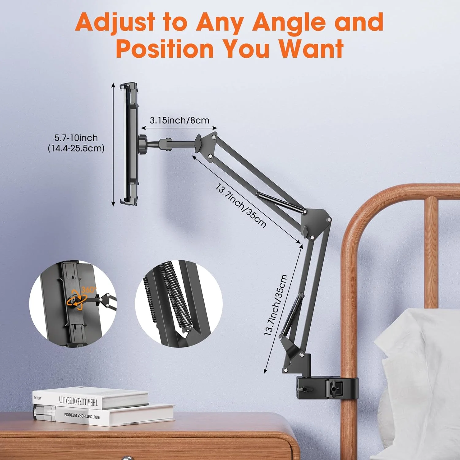 پایه تبلت برای تخت خواب با لوله گرد، نگهدارنده تبلت گیره لوله ای با بازوی قابل تنظیم چرخش 360 درجه، پایه نگهدارنده تلفن همراه جهانی برای نیازهای هندزفری، سازگار با آیپد، کیندل، تلفن 5.7 تا 10 اینچی