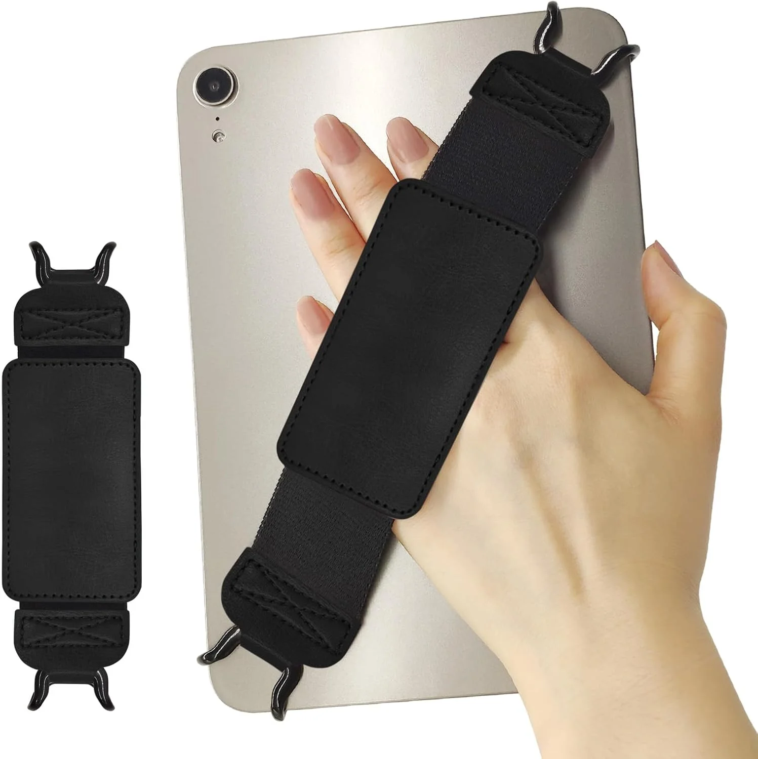 نگهدارنده بند دستی چرمی برای تبلت/آیپد 6.5-9.5 اینچی، دستگیره انگشتی برای آیپد پرو/آیپد ایر/Kindle Fire HD، بند دستی چند منظوره با کشش بالا، مشکی