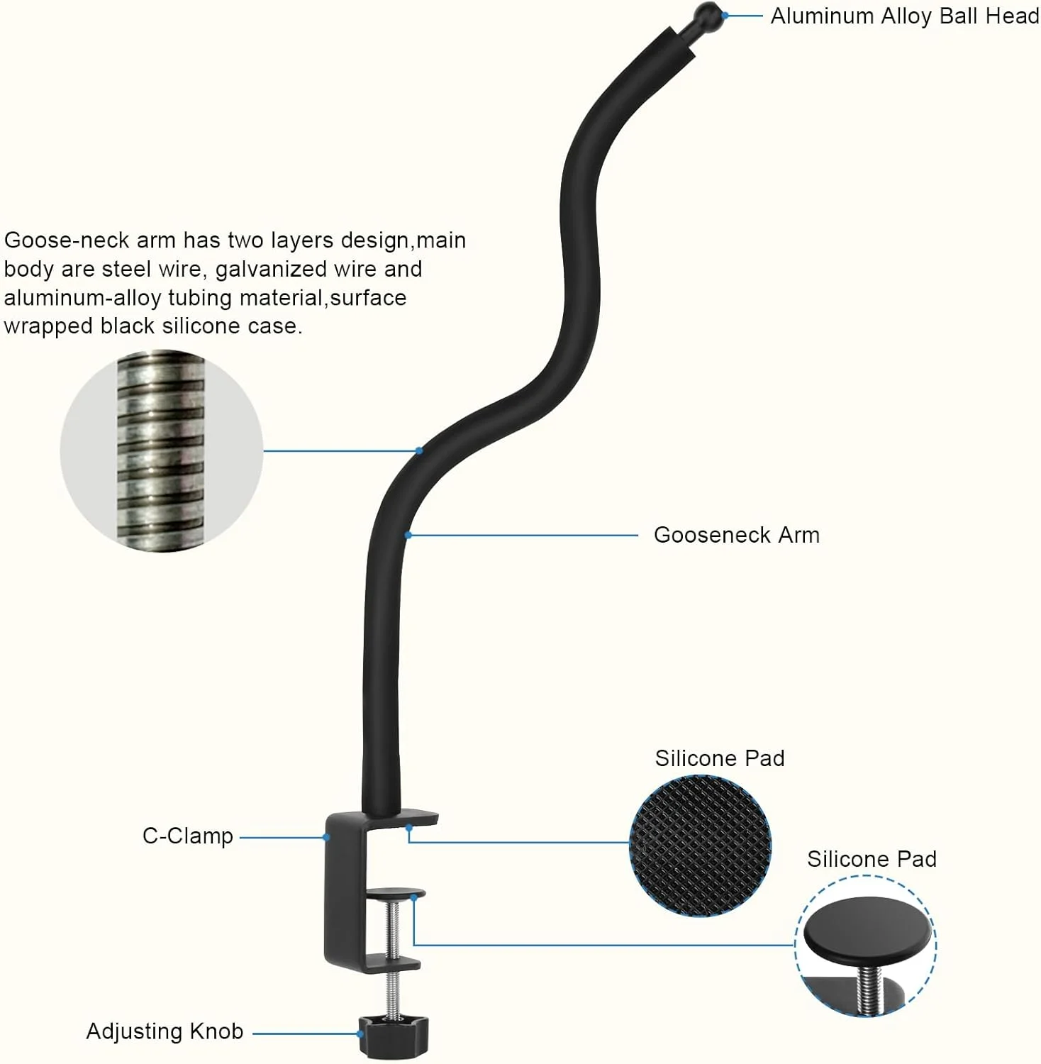 پایه نگهدارنده آیپد، استند تبلت گردنی برای میز/تخت/صندلی/تریبون، بازوی 50 سانتی متری قابل تنظیم 360 درجه برای آیپد/آیفون/نکسوس/LG G Pads/کتابخوان الکترونیکی/سوییچ 4.7 تا 12.9 اینچی