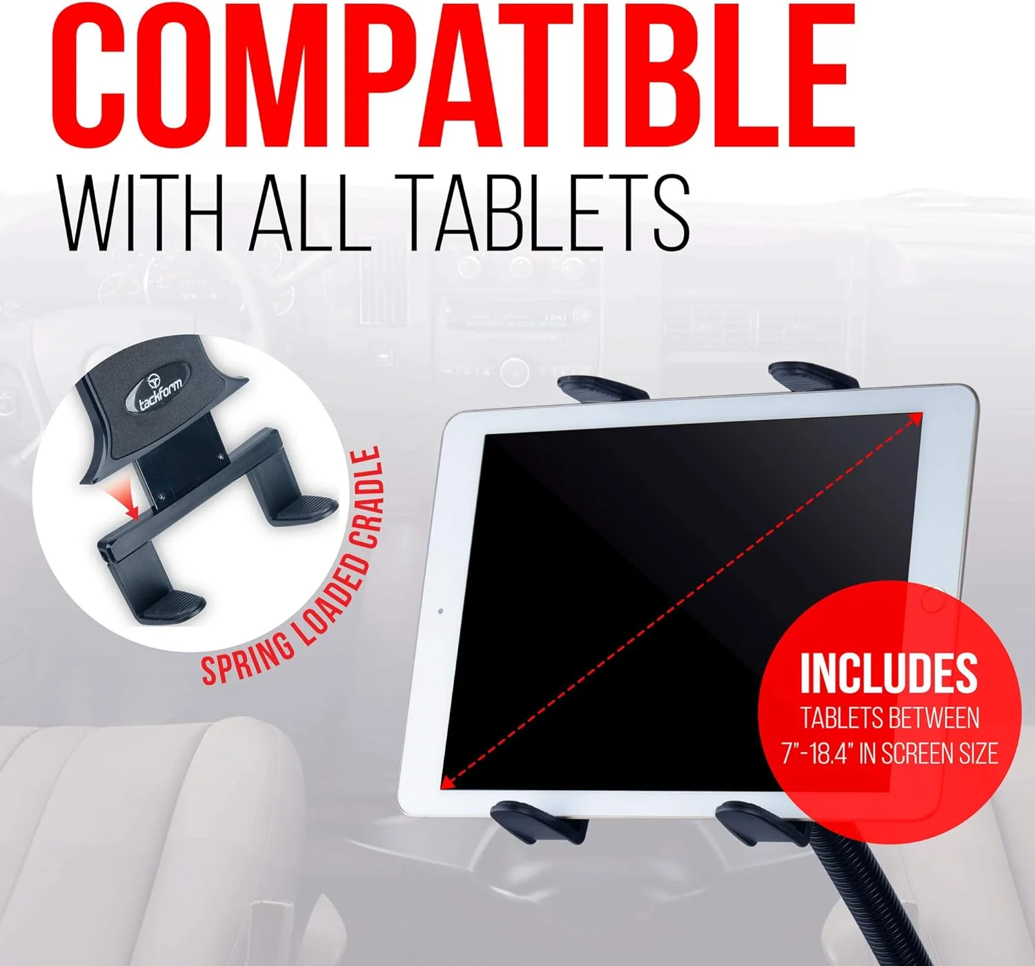 پایه تبلت Tackform برای خودرو و کامیون، میله آلومینیومی 18 اینچی گردن غازی، نگهدارنده ریل صندلی برای تاکسی، ون، وسیله نقلیه، نیمه کامیون و غیره. سازگار با آیپد، گلکسی، سرفیس پرو و موارد دیگر.