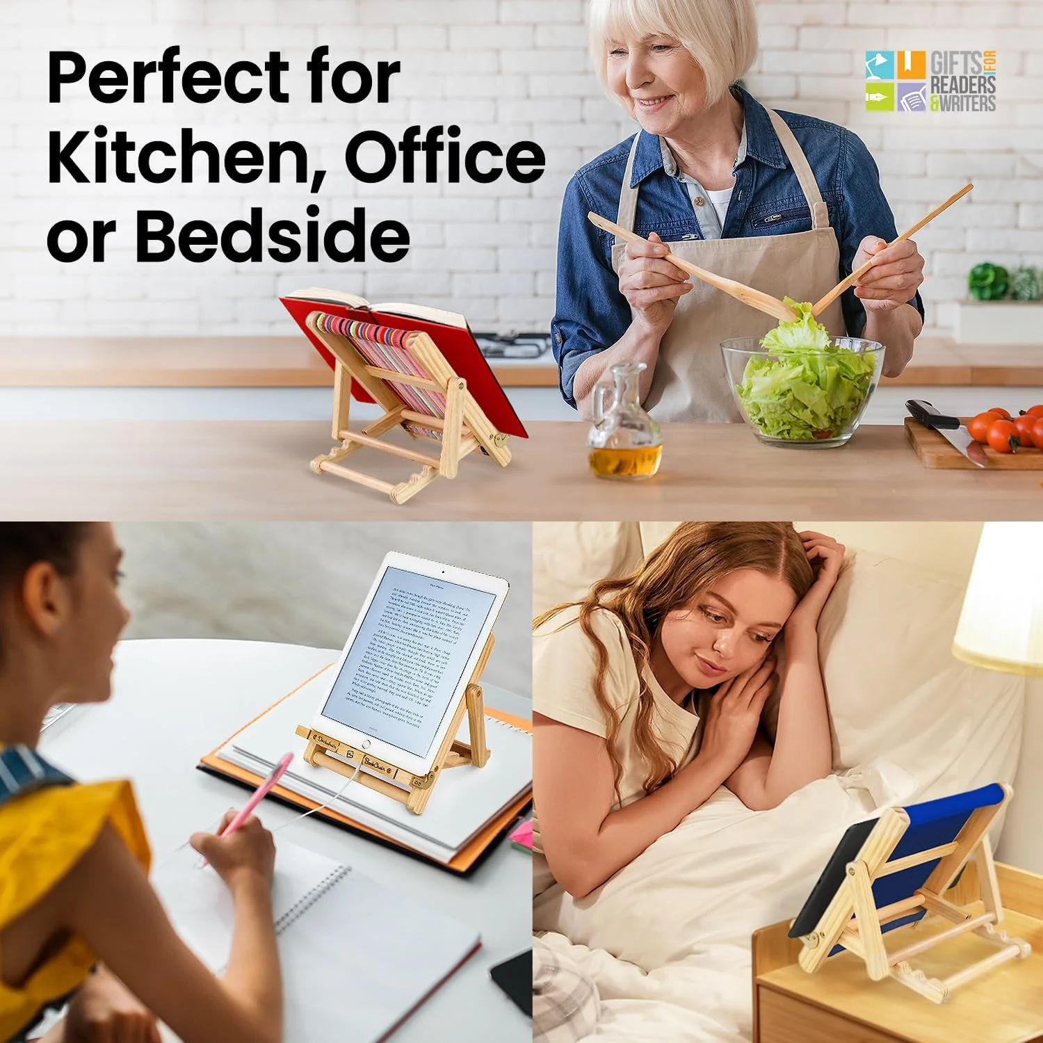 پایه نگهدارنده کتاب و تبلت چوبی راه راه چند رنگ، پایه کتاب چوبی شیک برای مطالعه بدون دست، پایه کتاب آشپزی چوبی جمع و جور و قابل حمل، نگهدارنده کتاب درسی