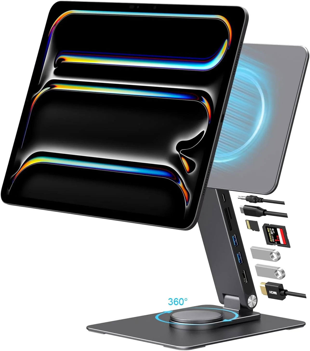 هاب استند مغناطیسی آیپد پرو M4 ۱۳ اینچی، پایه تاشو با قابلیت چرخش ۳۶۰ درجه، دارای پورت HDMI 4K، کارت خوان، USB3.0 5Gbps، پورت PD 100W و خروجی صوتی 3.5mm (M4-13 اینچ)