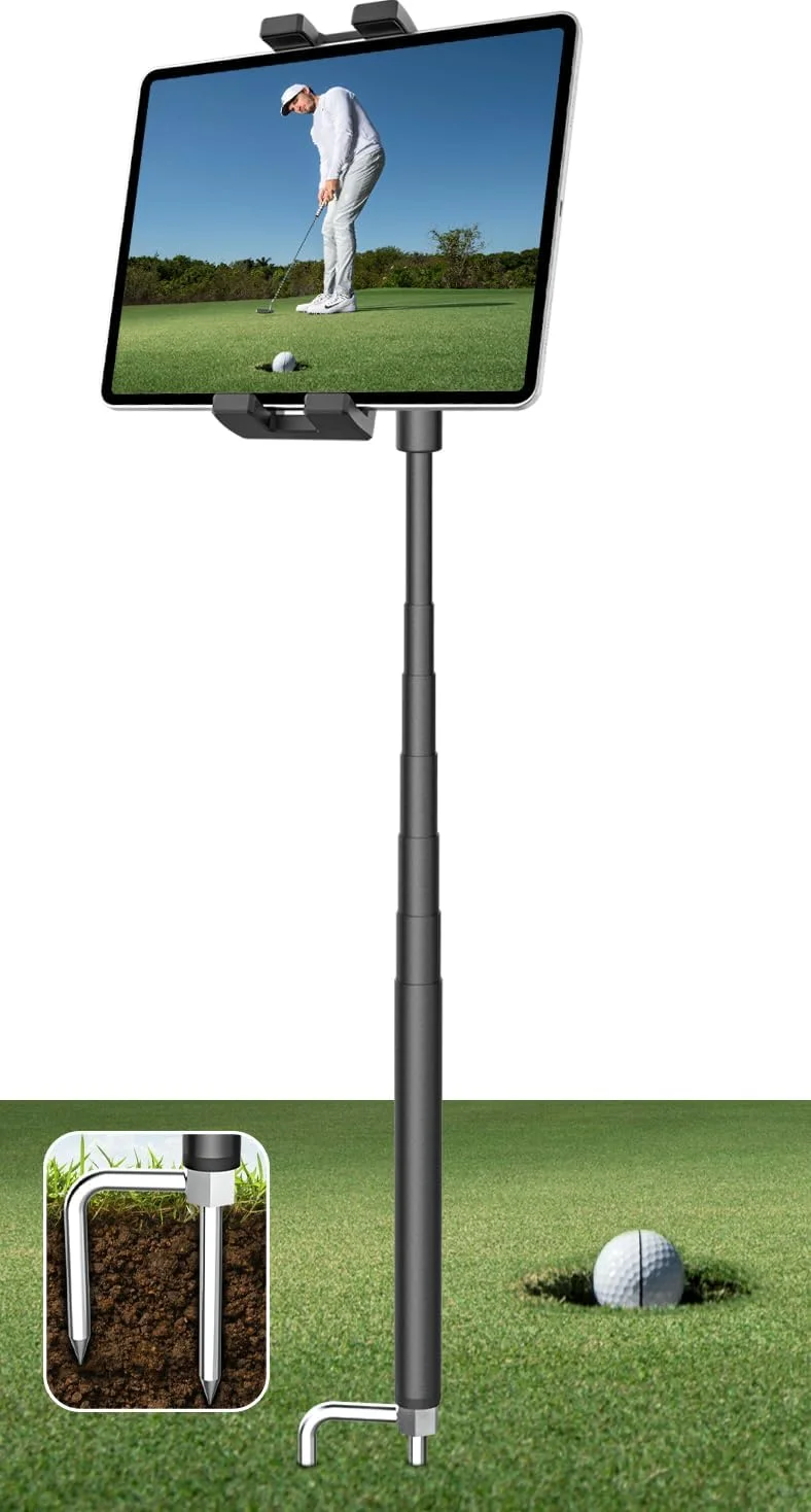 تک پایه سلفی گلف GDZN 57 اینچی - نگهدارنده تبلت گلف [میله فلزی] برای ضبط چرخش، تمرین گلف، پایه سه پایه تبلت سازگار با آیپد پرو/ایر/مینی 4.7-13 اینچی، آیفون، گلکسی