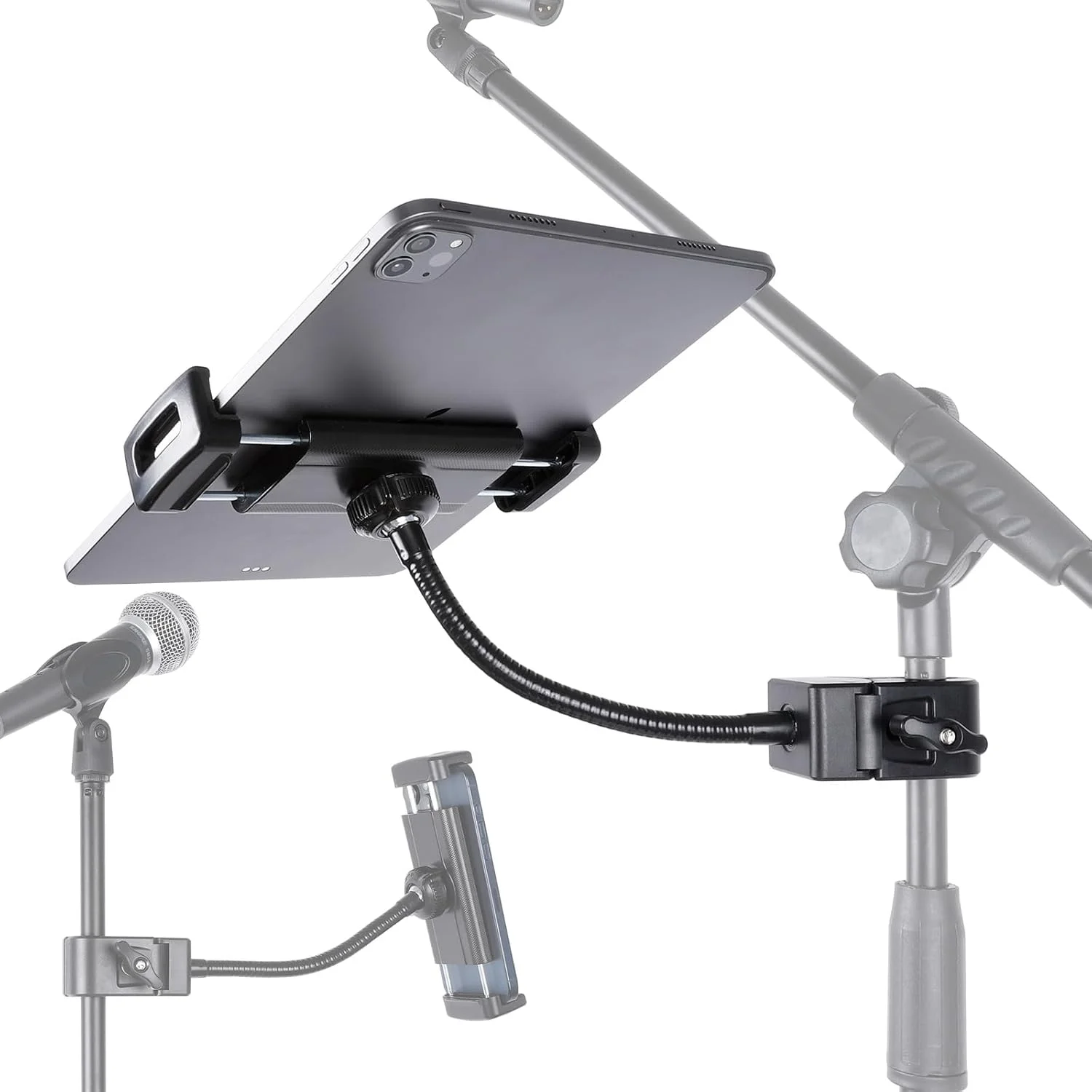 نگهدارنده تبلت برای پایه میکروفون، پایه انعطاف پذیر گوشی با گردن غازی 7.9 اینچی برای پایه نت موسیقی میکروفون، نگهدارنده تبلت 360 درجه قابل تنظیم برای آیپد پرو 9.7، 12.9 ایر مینی، گوشی ها و تبلت های 4.7-13 اینچی