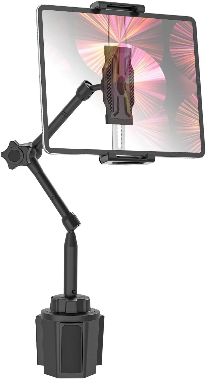 پایه تبلت لیوانی خودرو، بازوی فلزی تاشو و قابل تنظیم 360 درجه، پایه تردمیل برای آیپد پرو 13 ایر مینی، گلکسی تب، دستگاه های 6.1-15.6 اینچی و قاب های ضخیم [تا 1.18 اینچ]