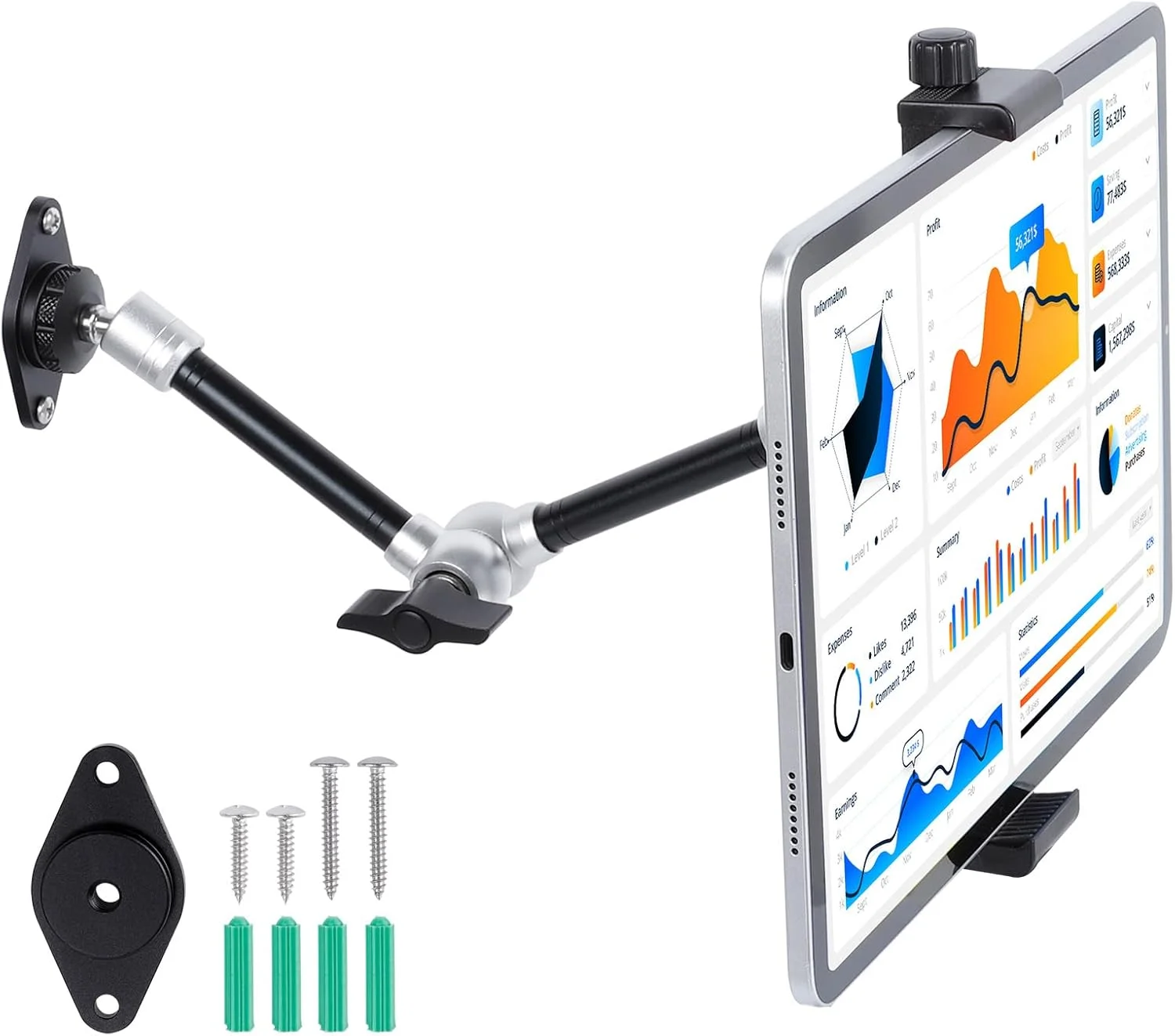 پایه نگهدارنده تبلت دیواری با پایه دریل 2 AMPS و بازوی جادویی آلومینیومی 10 اینچی با چرخش 360 درجه، نگهدارنده آیپد برای کامیون/خودرو/میز، سازگار با آیپد پرو 12.9، ایر، مینی، تبلت های کیندل فایر 7-13 اینچی